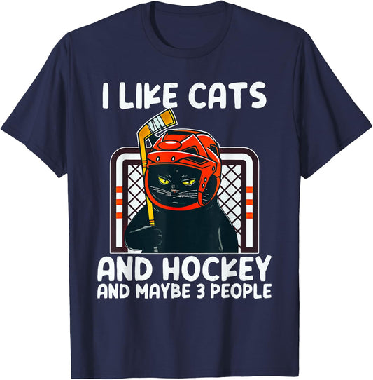 I Like Cats And Hockey And Maybe 3 People Black Catsc T-Shirt - T-Shirt | Navy