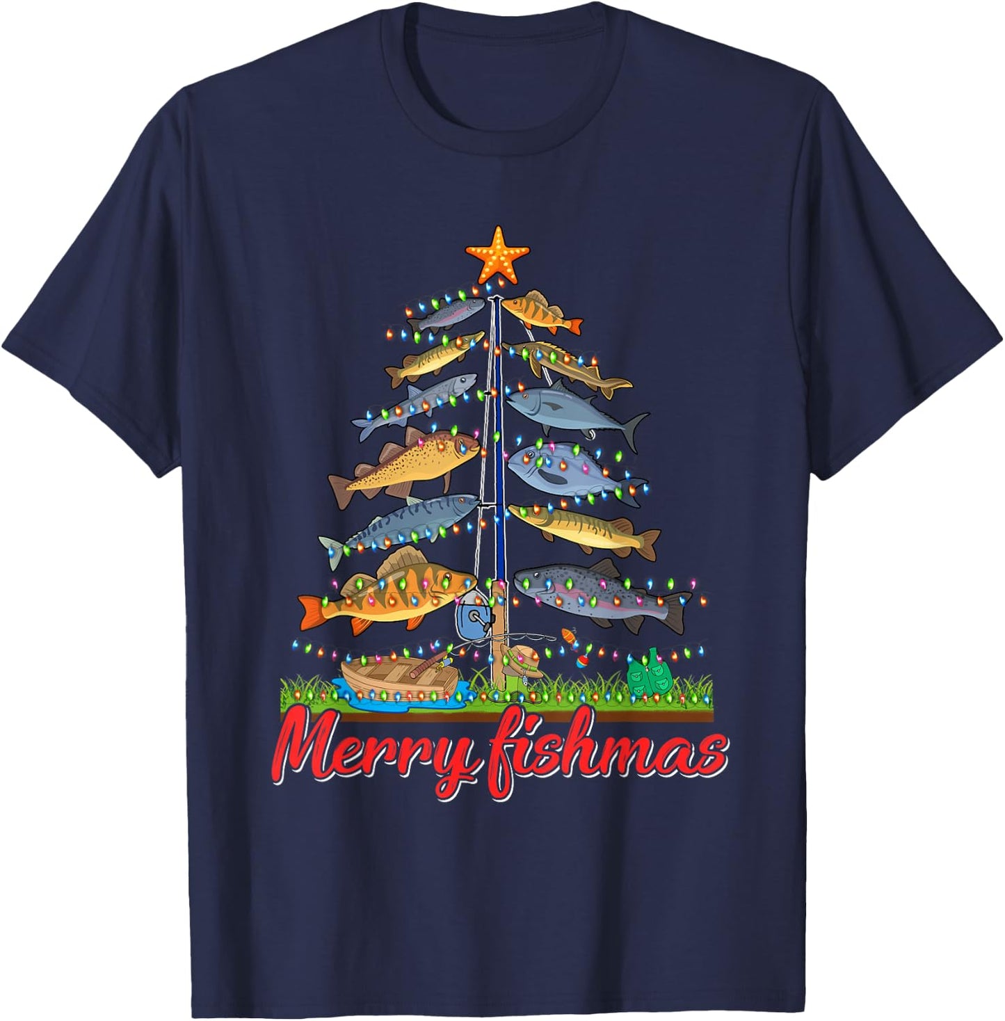Merry Fishmas Funny Fisher Christmas Tree Fishing Pajama T-Shirt - T-Shirt | Navy
