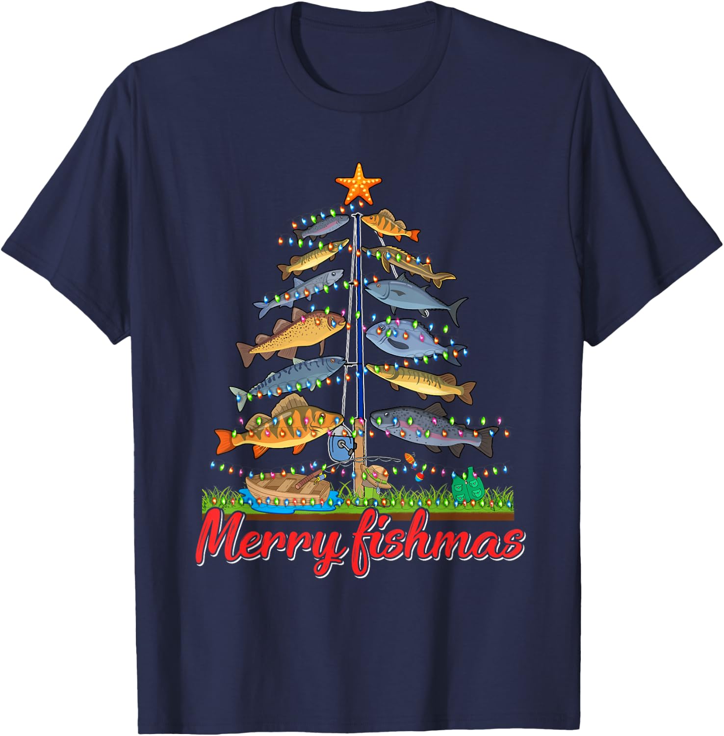 Merry Fishmas Funny Fisher Christmas Tree Fishing Pajama T-Shirt - T-Shirt | Navy