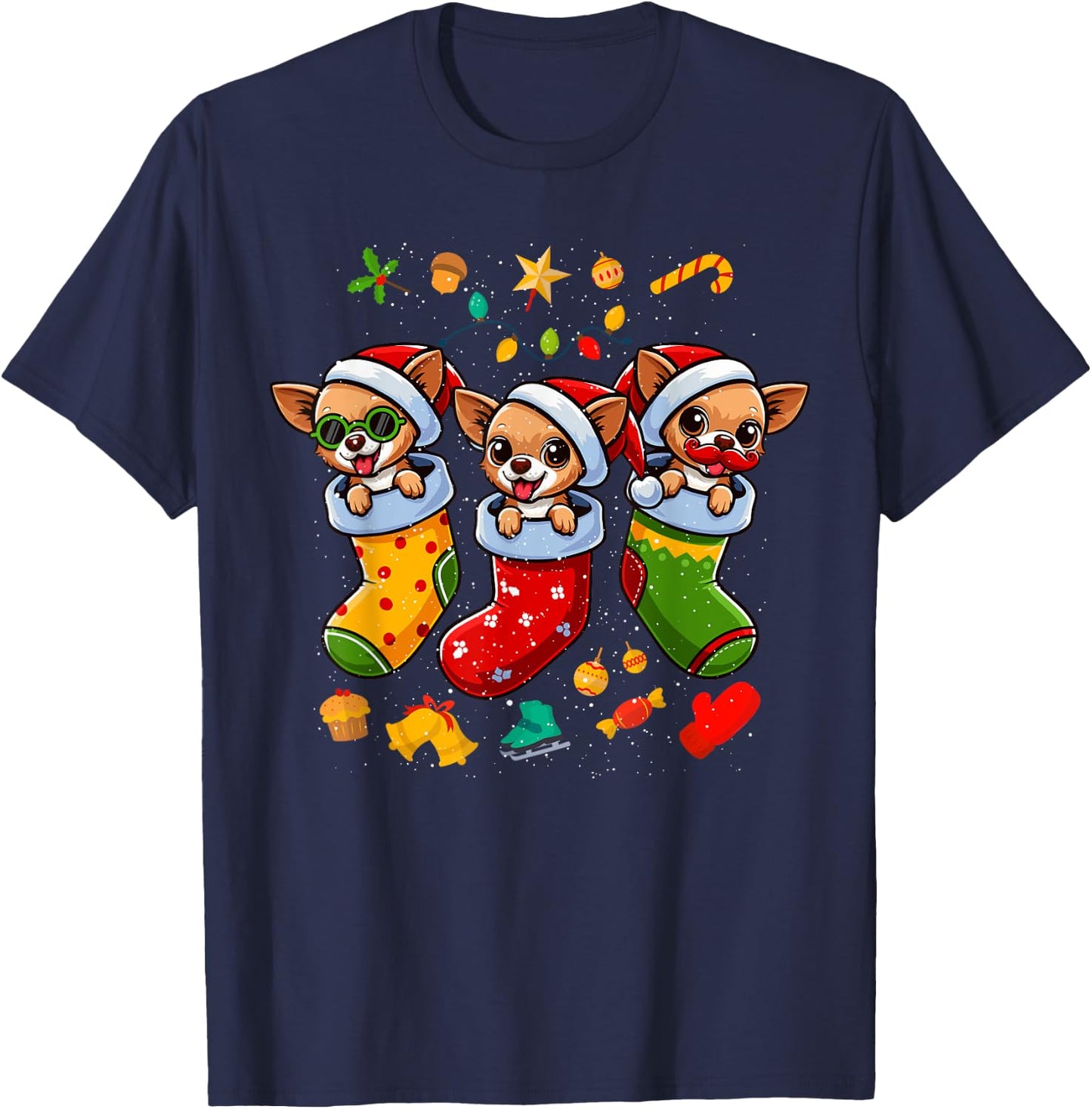 Chihuahua Santa Claus Christmas Stocking Dog X-Mas Dogs T-Shirt - T-Shirt | Navy