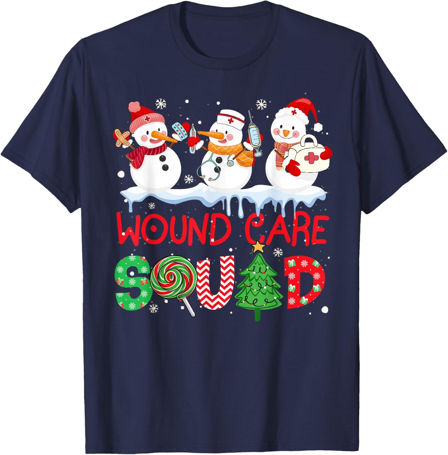 Snowman Wound Care Nurse Squad Christmas Holiday Matching T-Shirt - T-Shirt | Navy