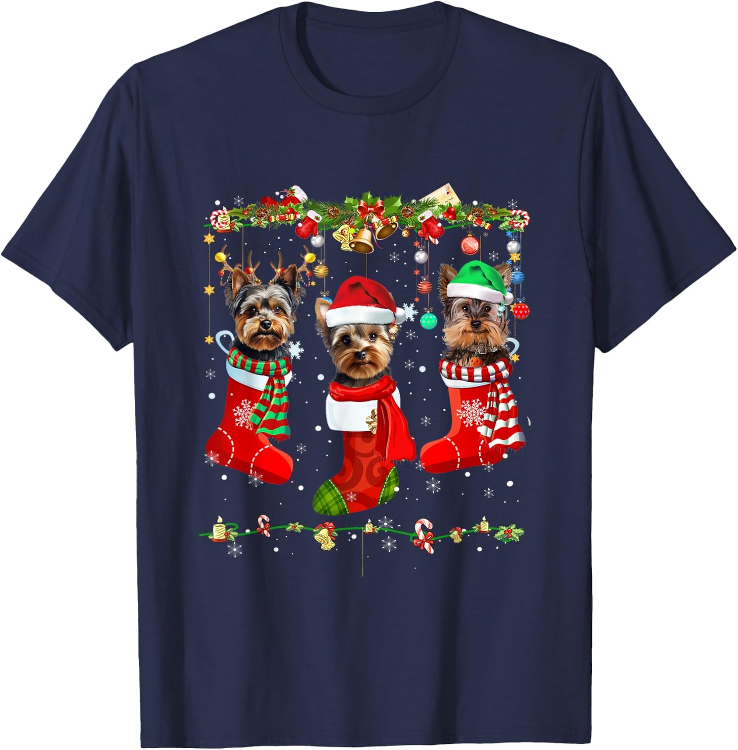 Yorkie Christmas Shirt Stocking Dog Lover Xmas Men Women Kids T-Shirt - T-Shirt | Navy