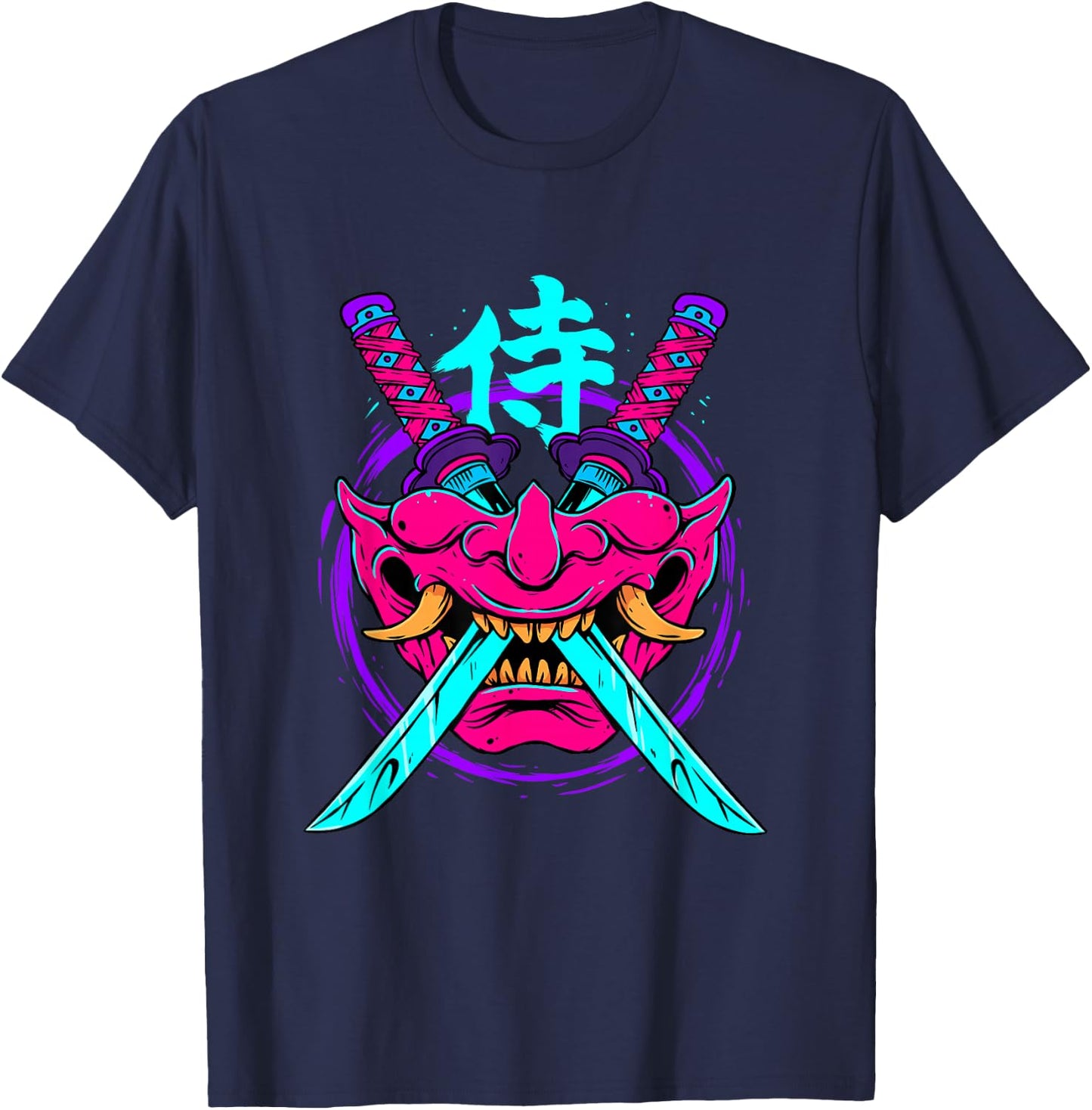 Vaporwave Aesthetic Japanese Samurai Mask Oni Kanji Bushido T-Shirt - T-Shirt | Navy
