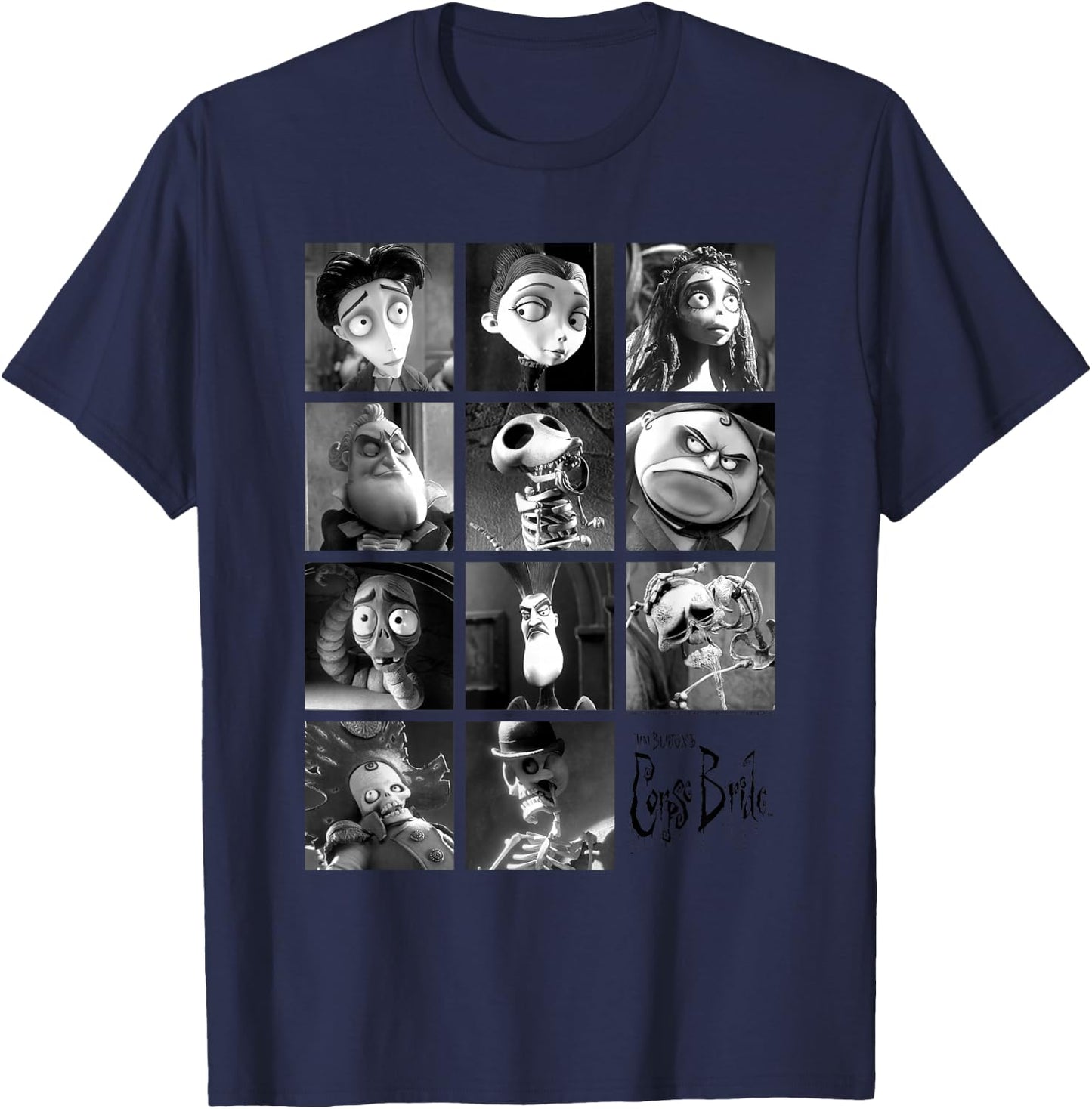 Corpse Bride Character Grid Black and White Photos Movie T-Shirt - T-Shirt | Navy