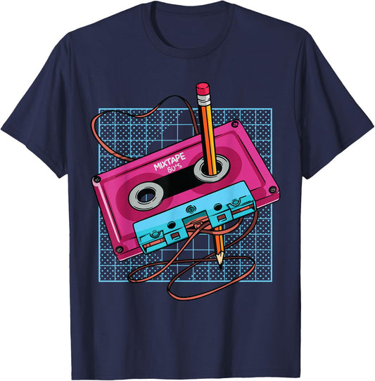 Vintage Cassette Tape Pencil 70s 80s 90s Music Mixtape Retro T-Shirt - T-Shirt | Navy