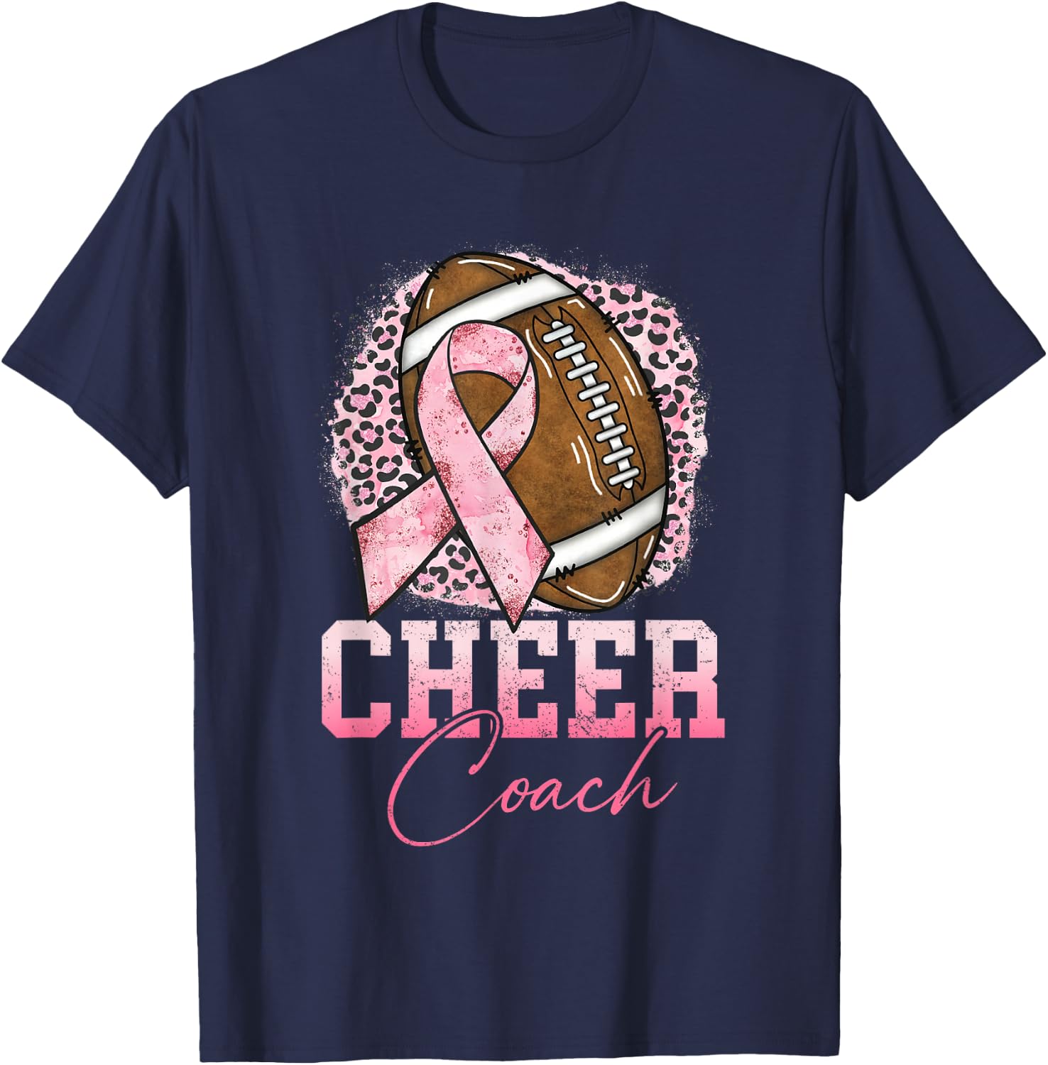 Football Cheer Coach Pink Ribbon Breast Cancer Awareness T-Shirt - T-Shirt | Navy