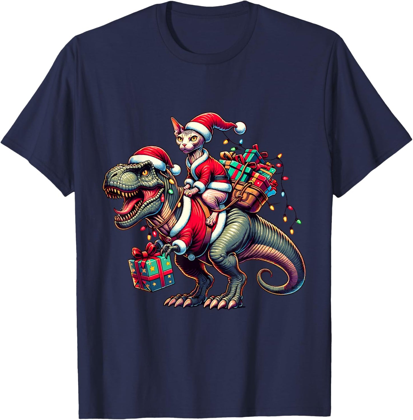 Adorable Sphynx Cat Rides Christmas T-Rex Santa for Sphynx T-Shirt - T-Shirt | Navy