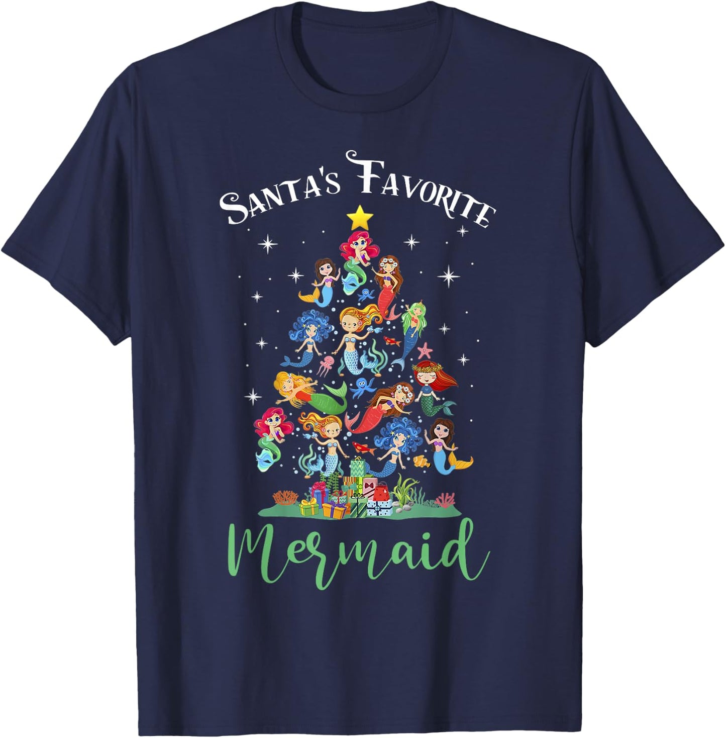Santa's Favorite Mermaid Christmas Tree Matching Women Kids T-Shirt - T-Shirt | Navy