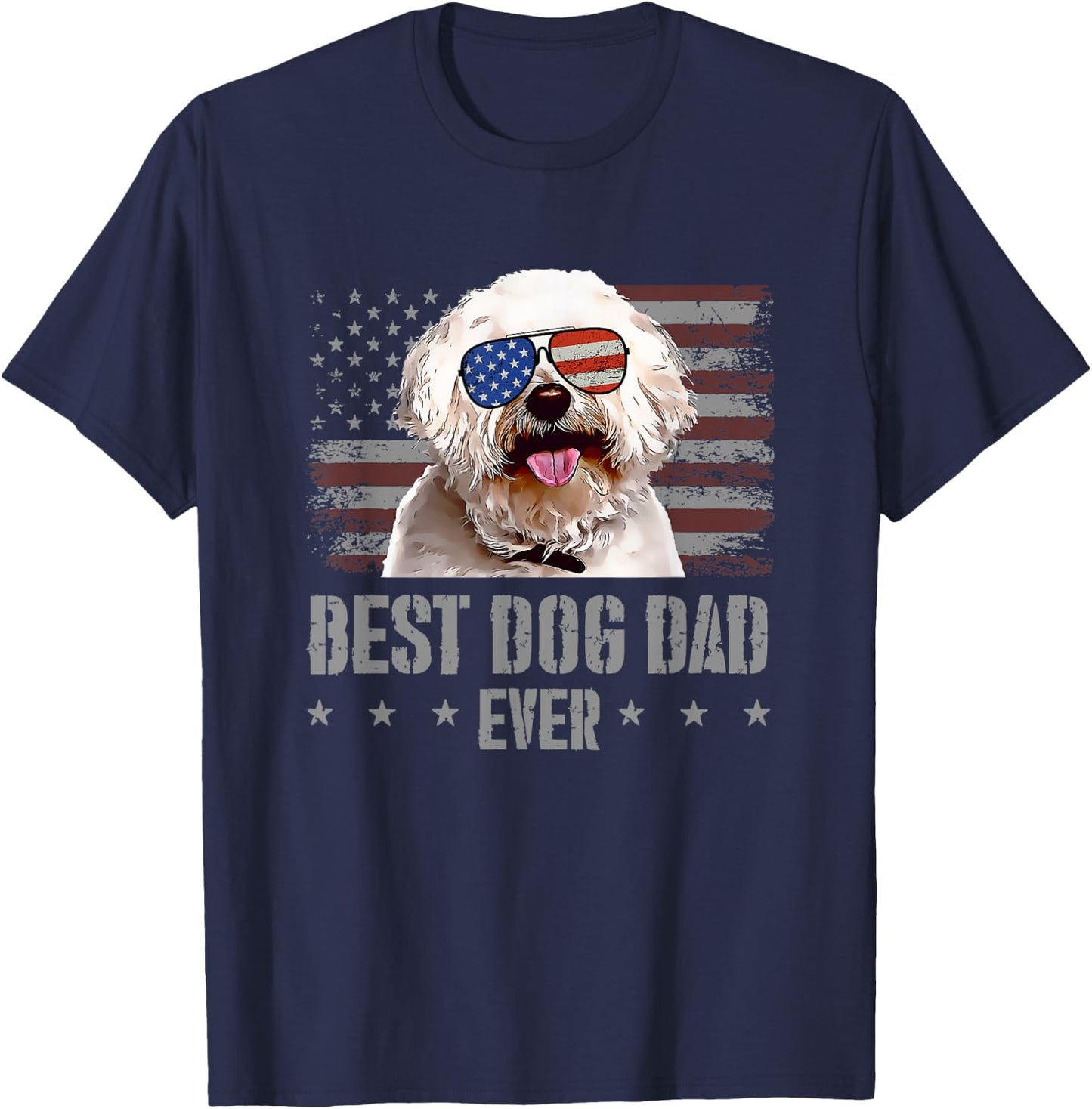 Bichons Frise Best Dog Dad Ever Retro USA American Flag T-Shirt - T-Shirt | Navy