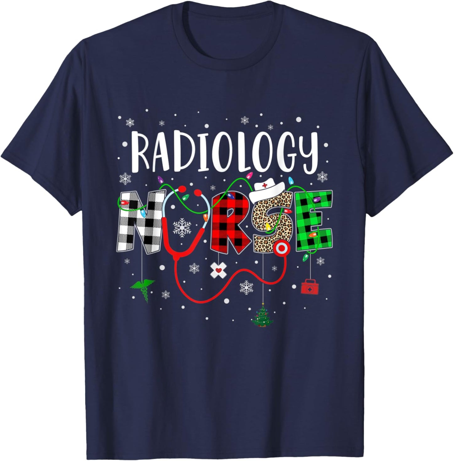 Radiology Nurse Leopard Red Buffalo Plaid Christmas Nurse T-Shirt - T-Shirt | Navy