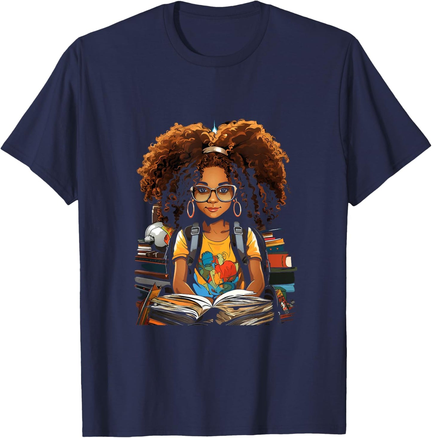 Back to School Afro African American Children Girls Book Reading T-Shirt - T-Shirt | Navy