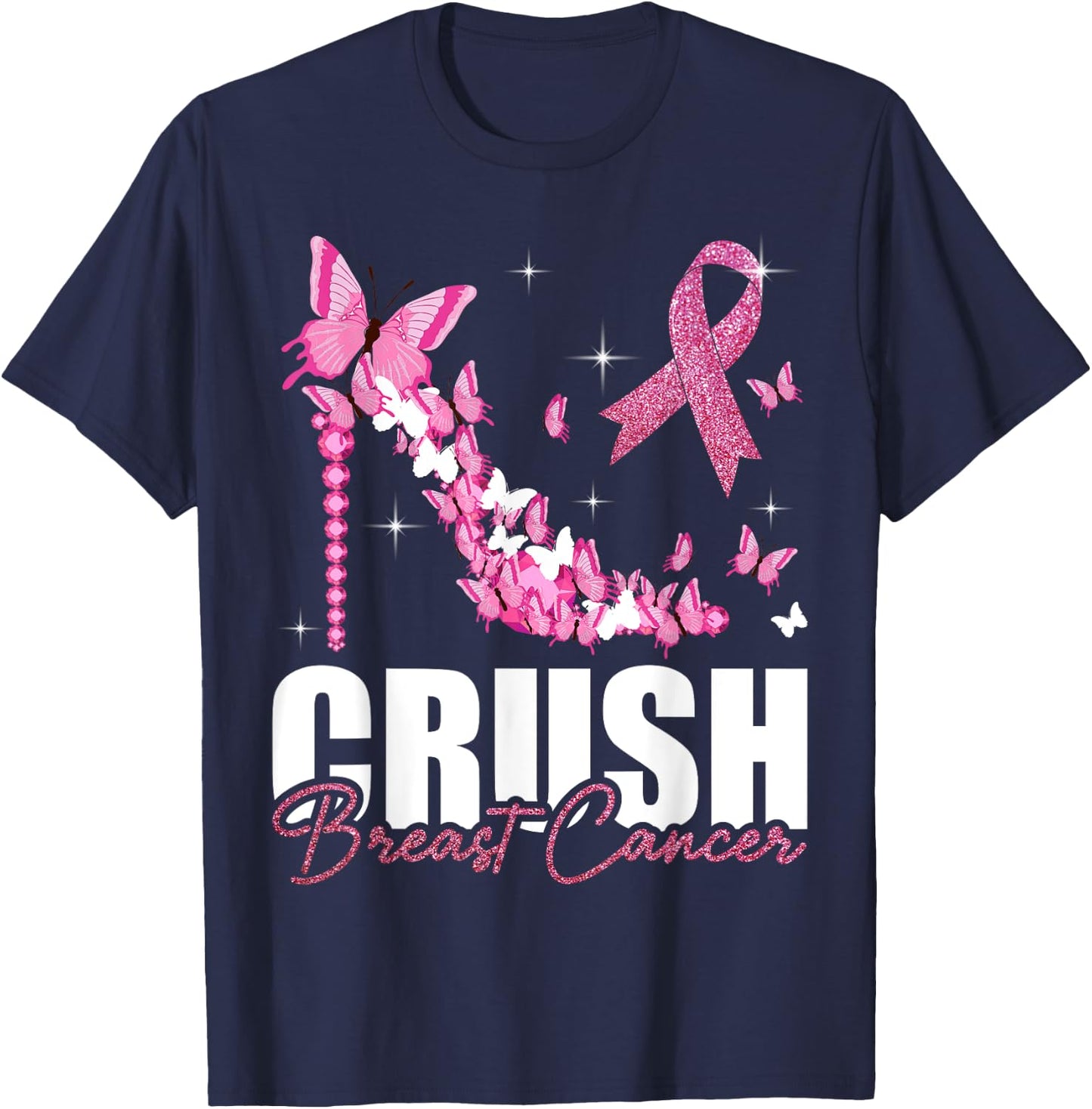 Crush Breast Cancer Ribbon Butterfly Breast Cancer Awareness T-Shirt - T-Shirt | Navy