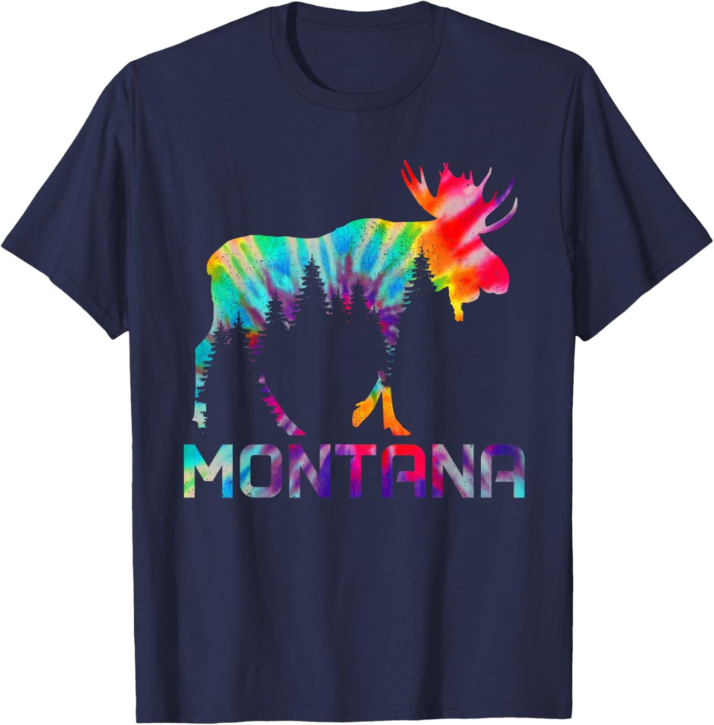 Montana PNW Vintage Tie Dye Souvenir Moose T-Shirt - T-Shirt | Navy