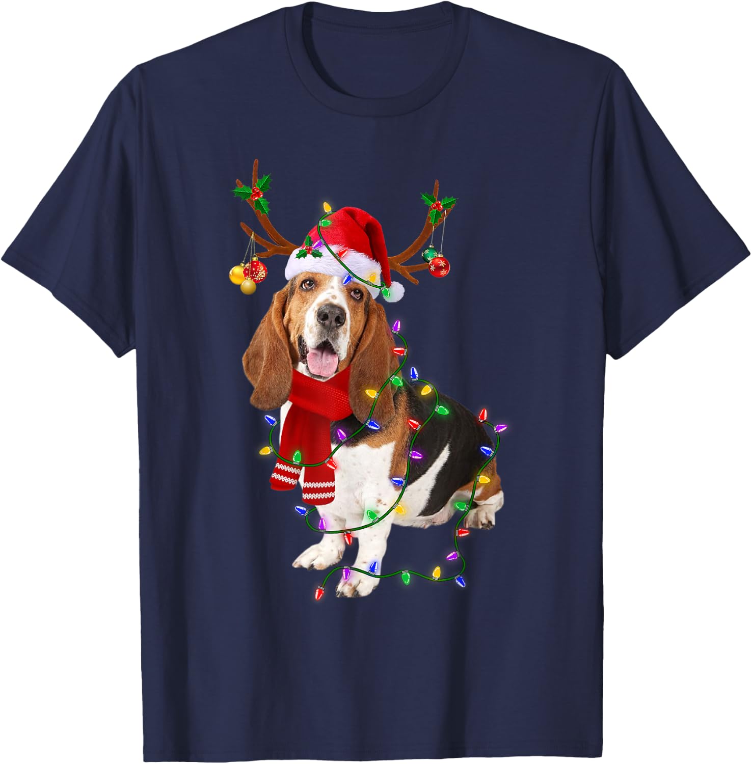 Funny Basset Hound Dog Tree Christmas Lights Xmas Pajama Men Women Kids T-Shirt - T-Shirt | Navy