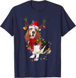 Funny Basset Hound Dog Tree Christmas Lights Xmas Pajama Men Women Kids T-Shirt - T-Shirt | Navy