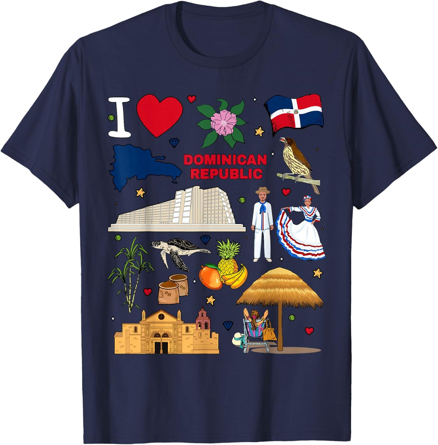 I Love Dominican Republic. Hand Drawn Landmarks, Flag, map T-Shirt - T-Shirt | Navy
