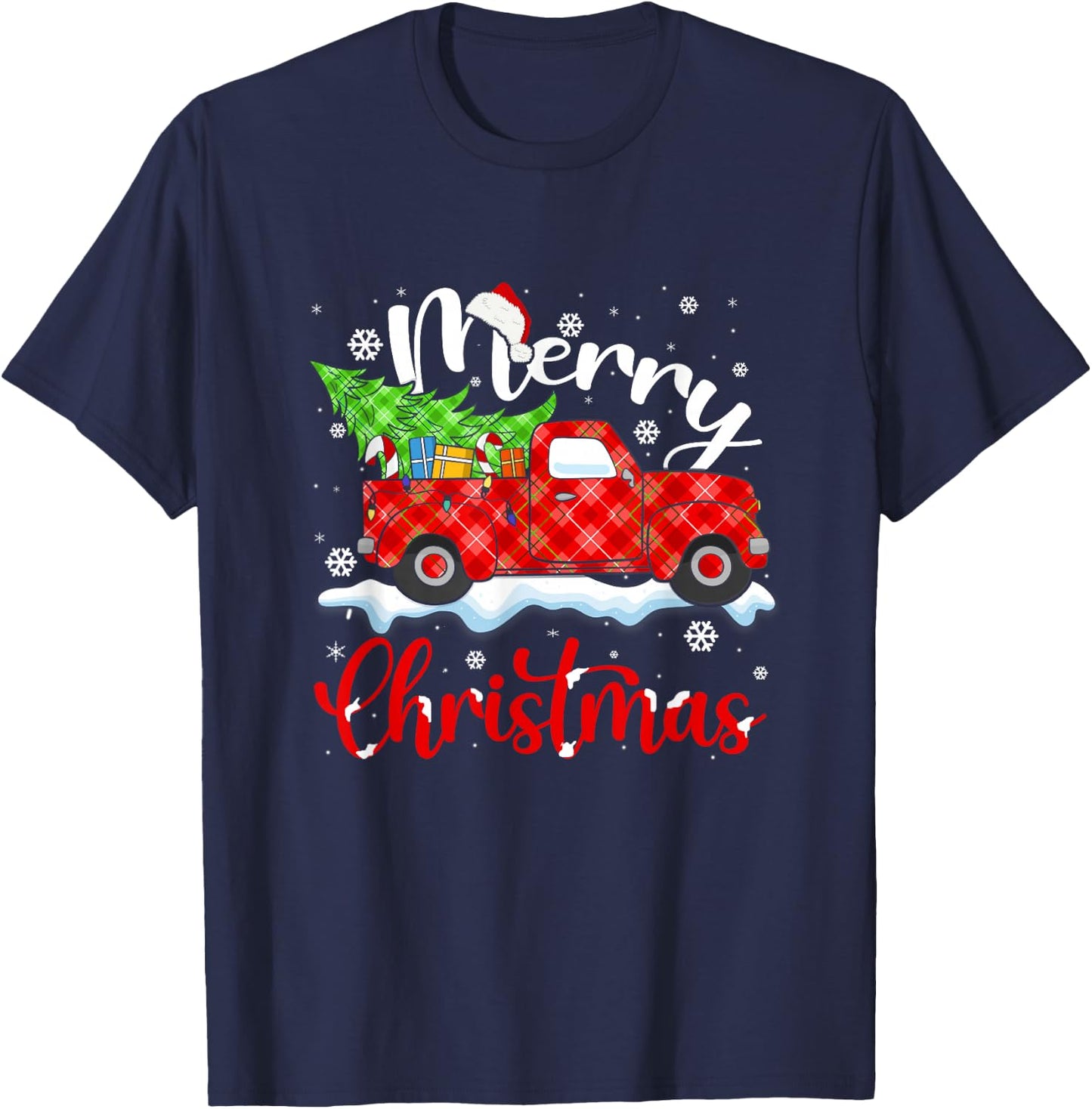 Merry Christmas Buffalo Truck Tree Red Plaid Family Matching T-Shirt - T-Shirt | Navy