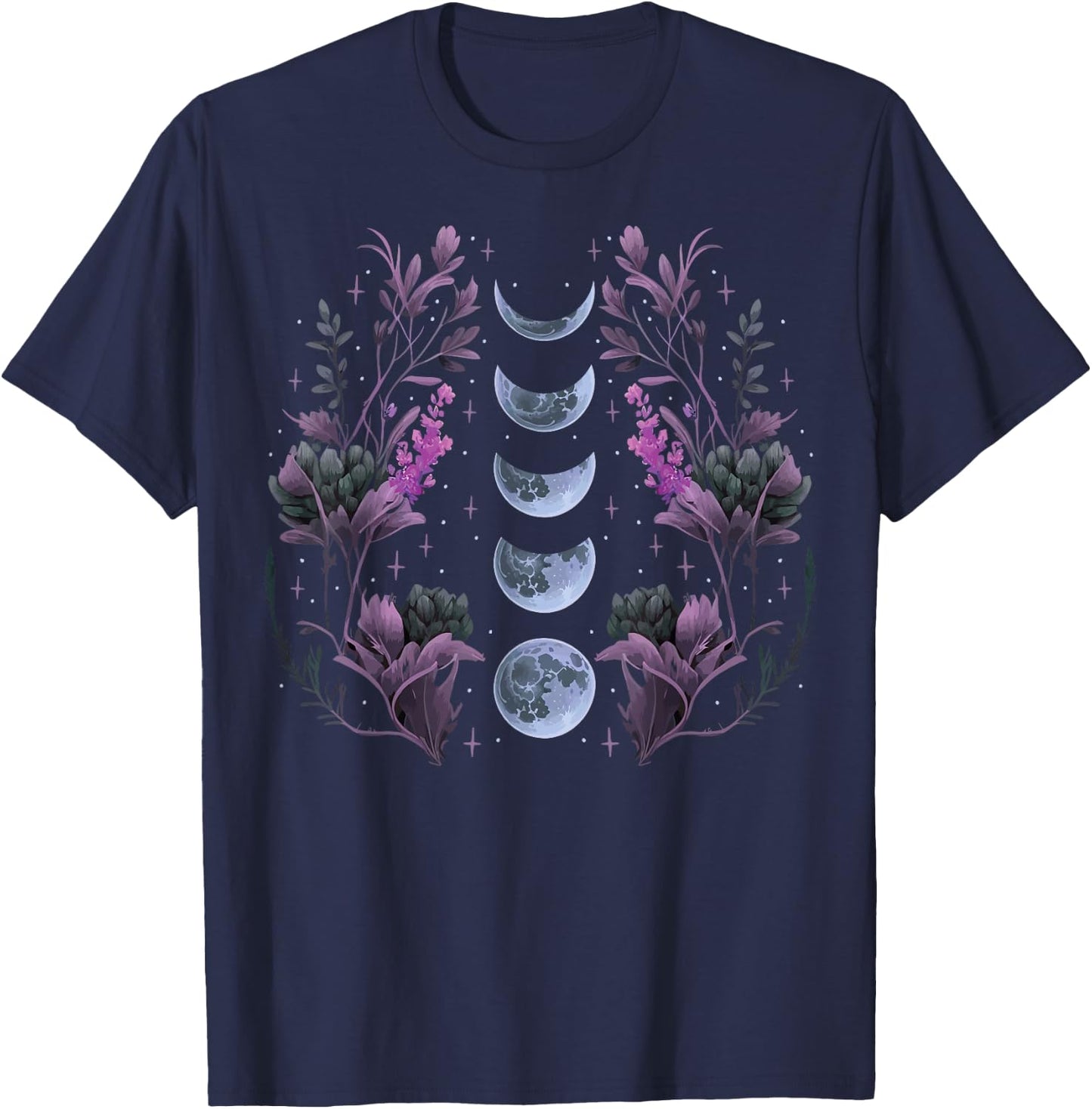 Celestial Moon Phase BOHO Wildflowers Zodiac Witchcore T-Shirt - T-Shirt | Navy