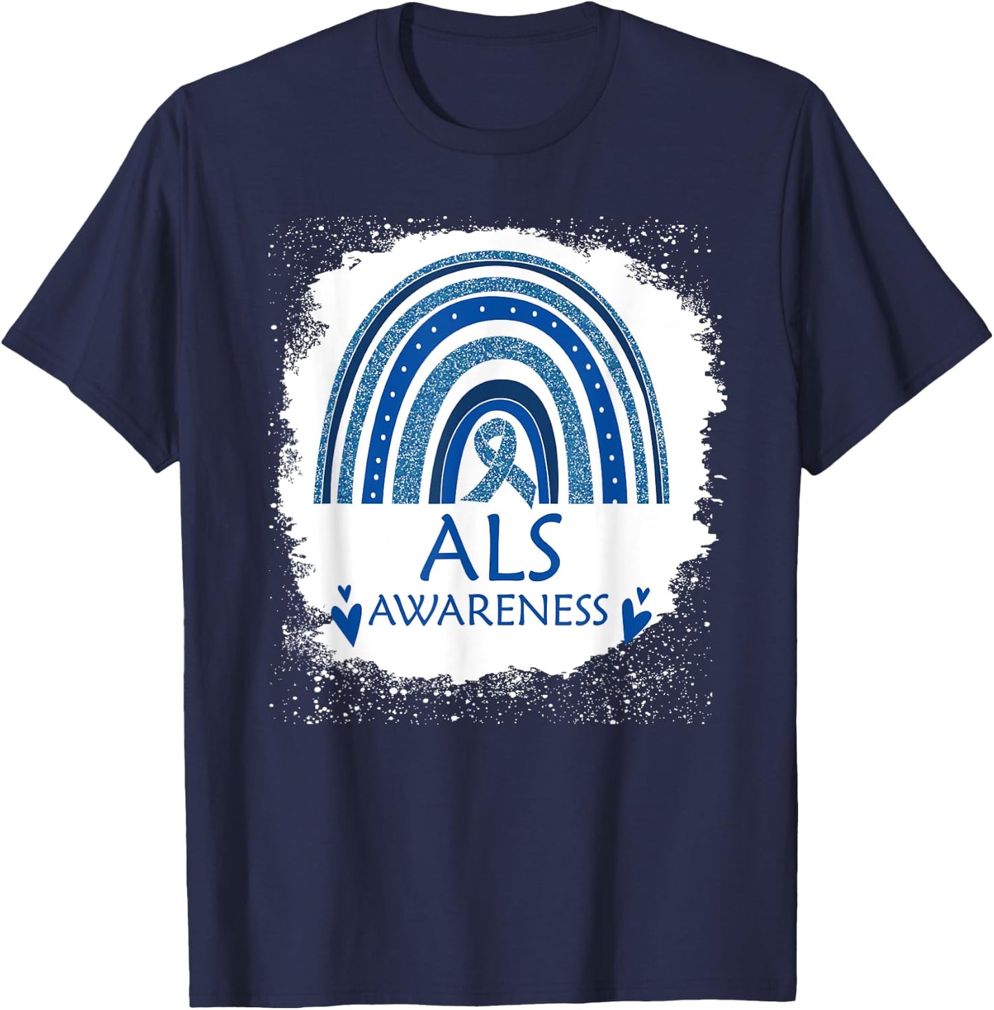 ALS Awareness Bleached Rainbow Blue Ribbon Men T-Shirt - T-Shirt | Navy