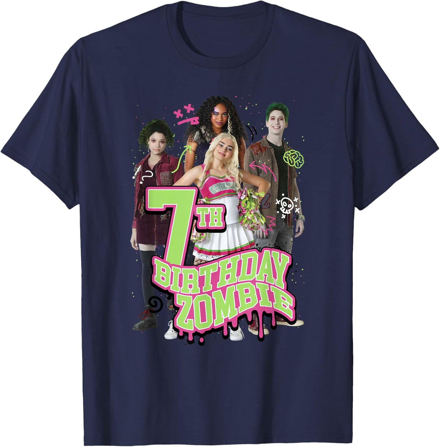Disney Zombies 7th Birthday Zombie Group Poster Small T-Shirt - T-Shirt | Navy