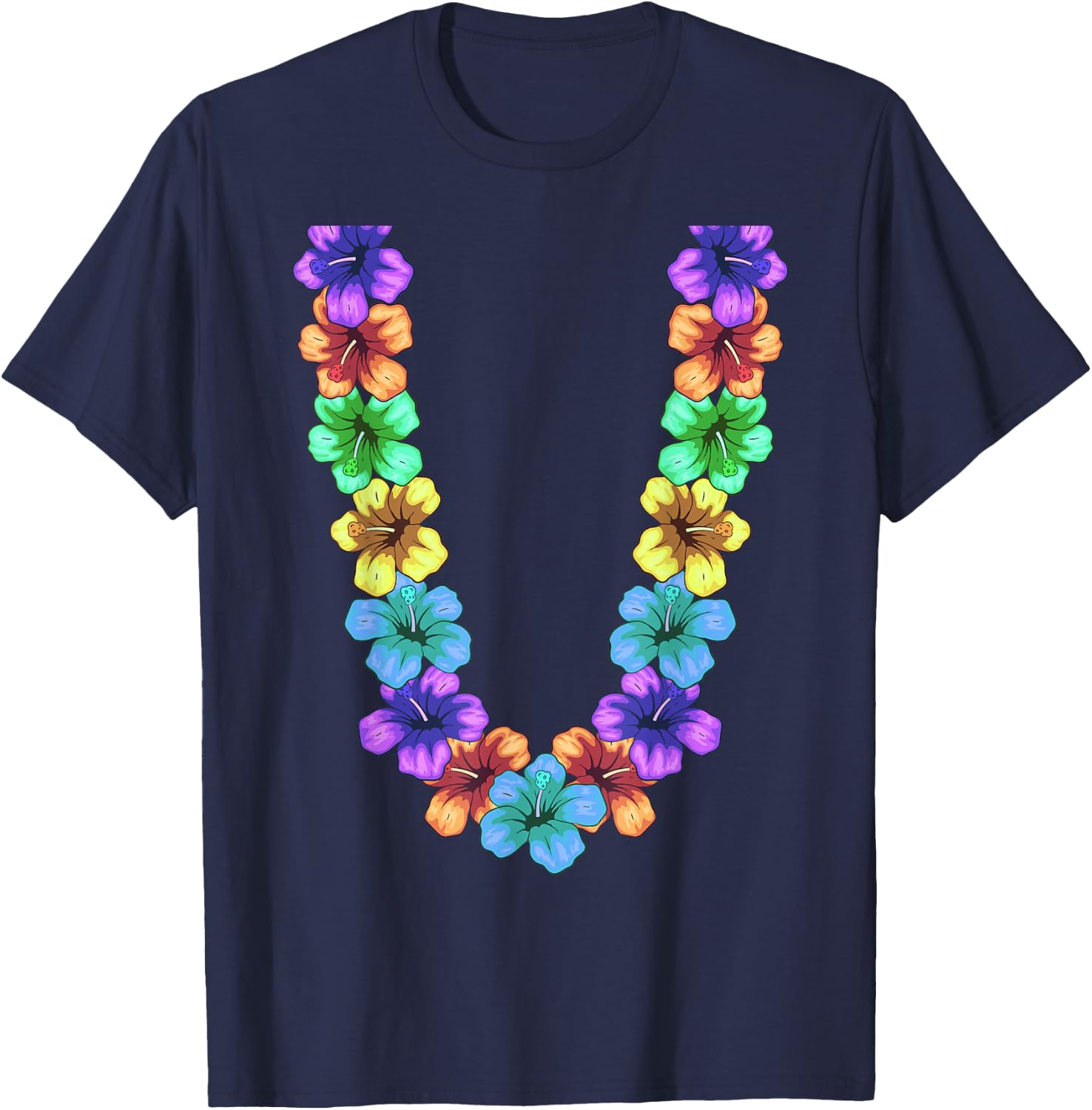 Colorful Hawaiian Flower Chain Tropical Summer Lei Men Women Girls Kids T-Shirt - T-Shirt | Navy