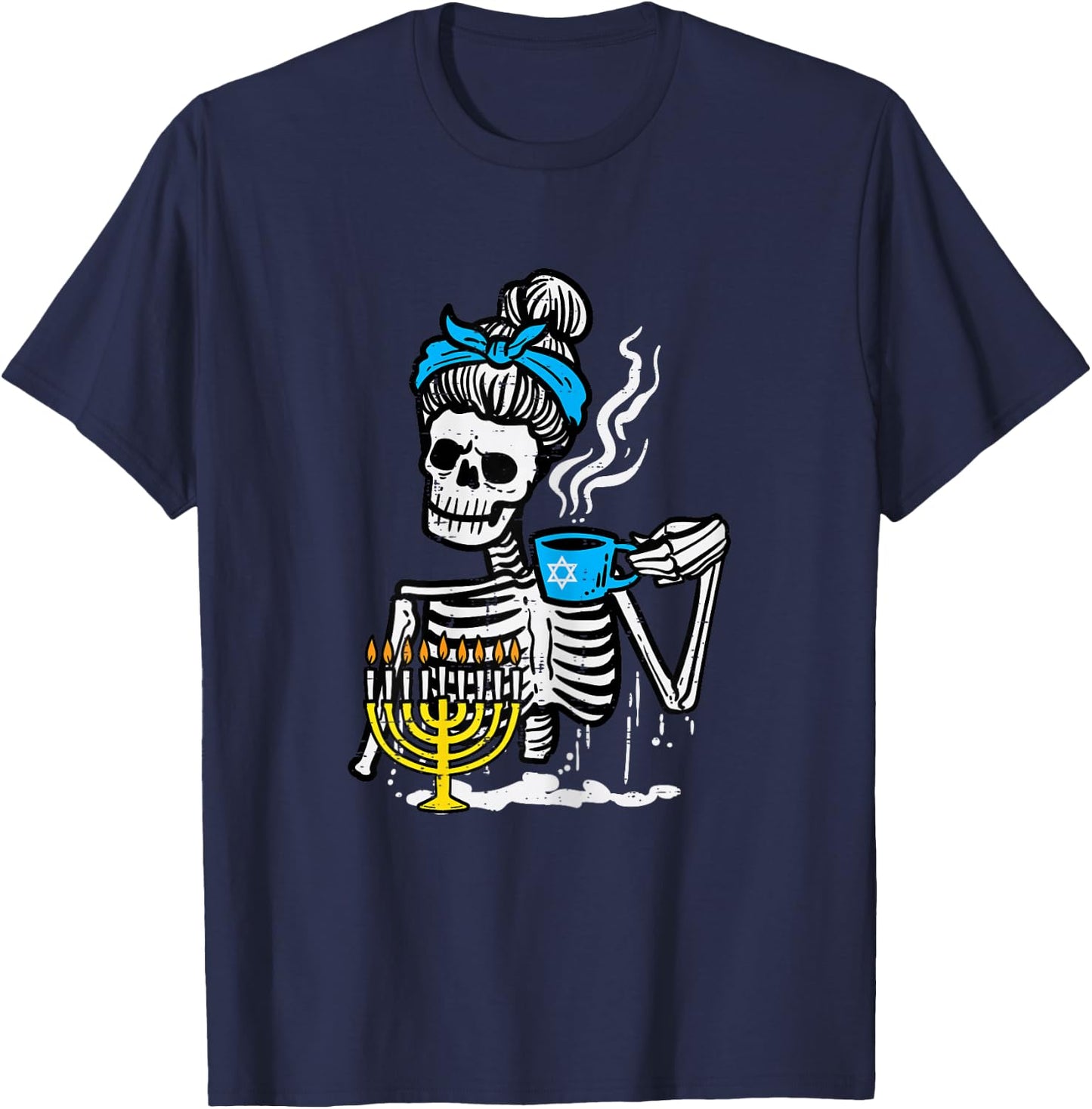 Hanukkah Skeleton Messy Bun Coffee Chanukah Women Girls Kids T-Shirt - T-Shirt | Navy