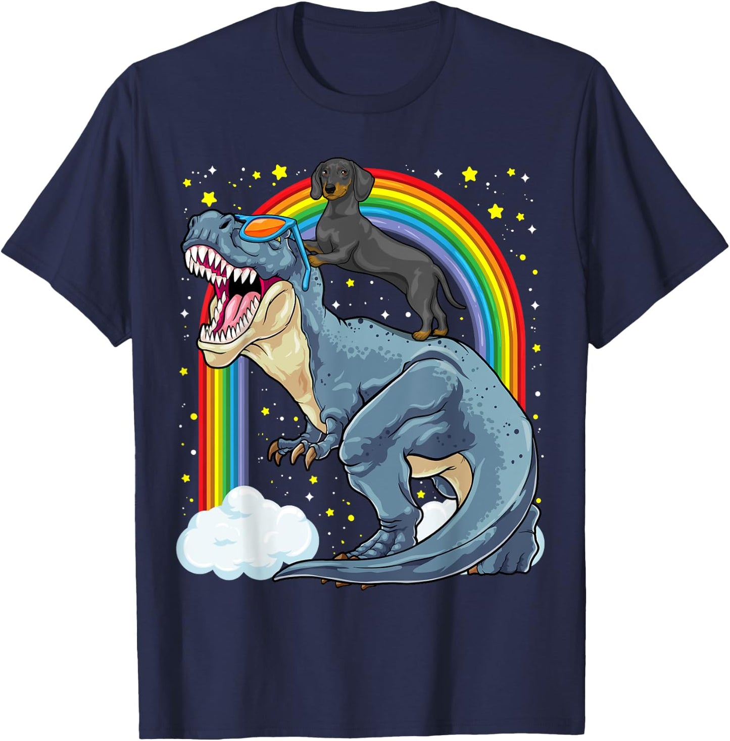 Dachshund Riding Dinosaur T-Rex Dog Rainbow Dino Funny T-Shirt - T-Shirt | Navy