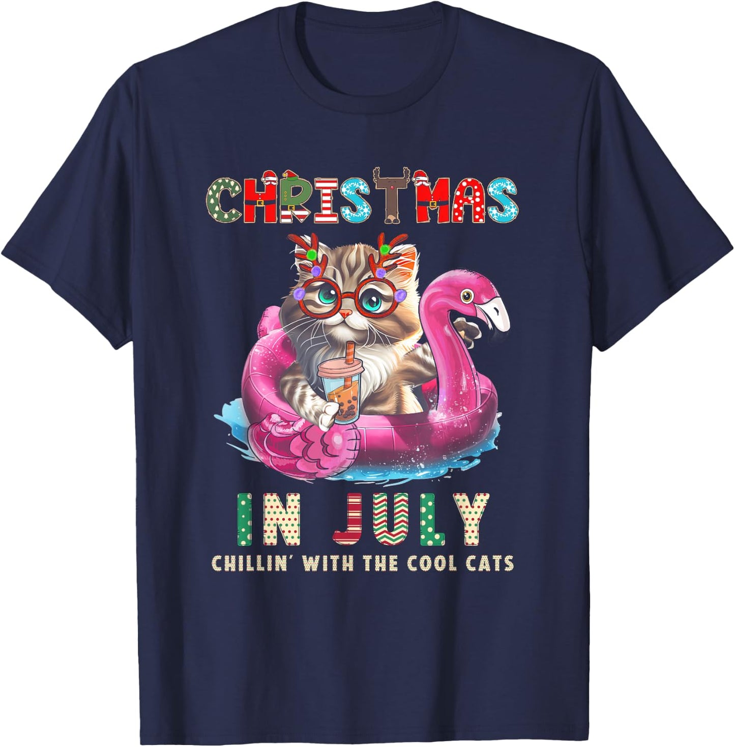 Christmas In July Chillin Cats Flamingo Float Meowy Xmas T-Shirt - T-Shirt | Navy