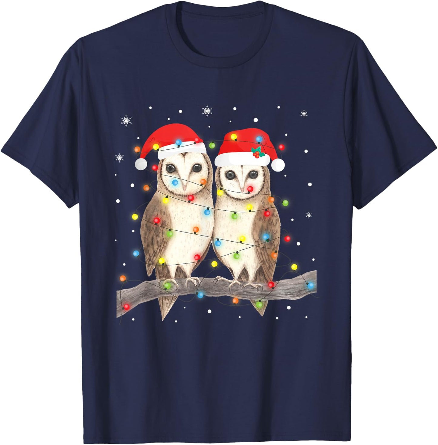 Owls Christmas Lights Tree Xmas Owl Lover T-Shirt - T-Shirt | Navy