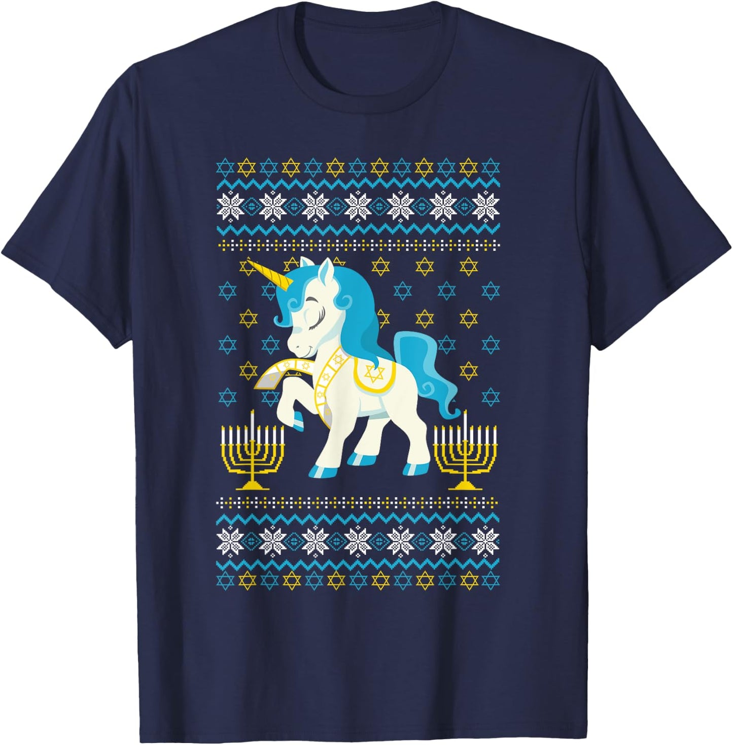 Ugly Hanukkah Sweater Unicorn Jewish Star Christmas Menorah T-Shirt - T-Shirt | Navy