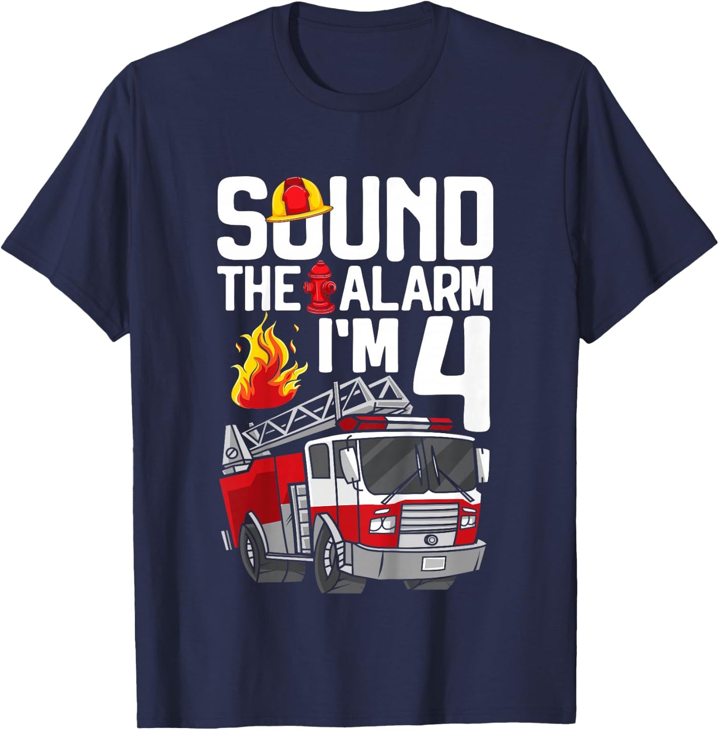 Kids 4 Year Old Firefighter 4th Birthday Boy Fire Truck 4yr T-Shirt - T-Shirt | Navy