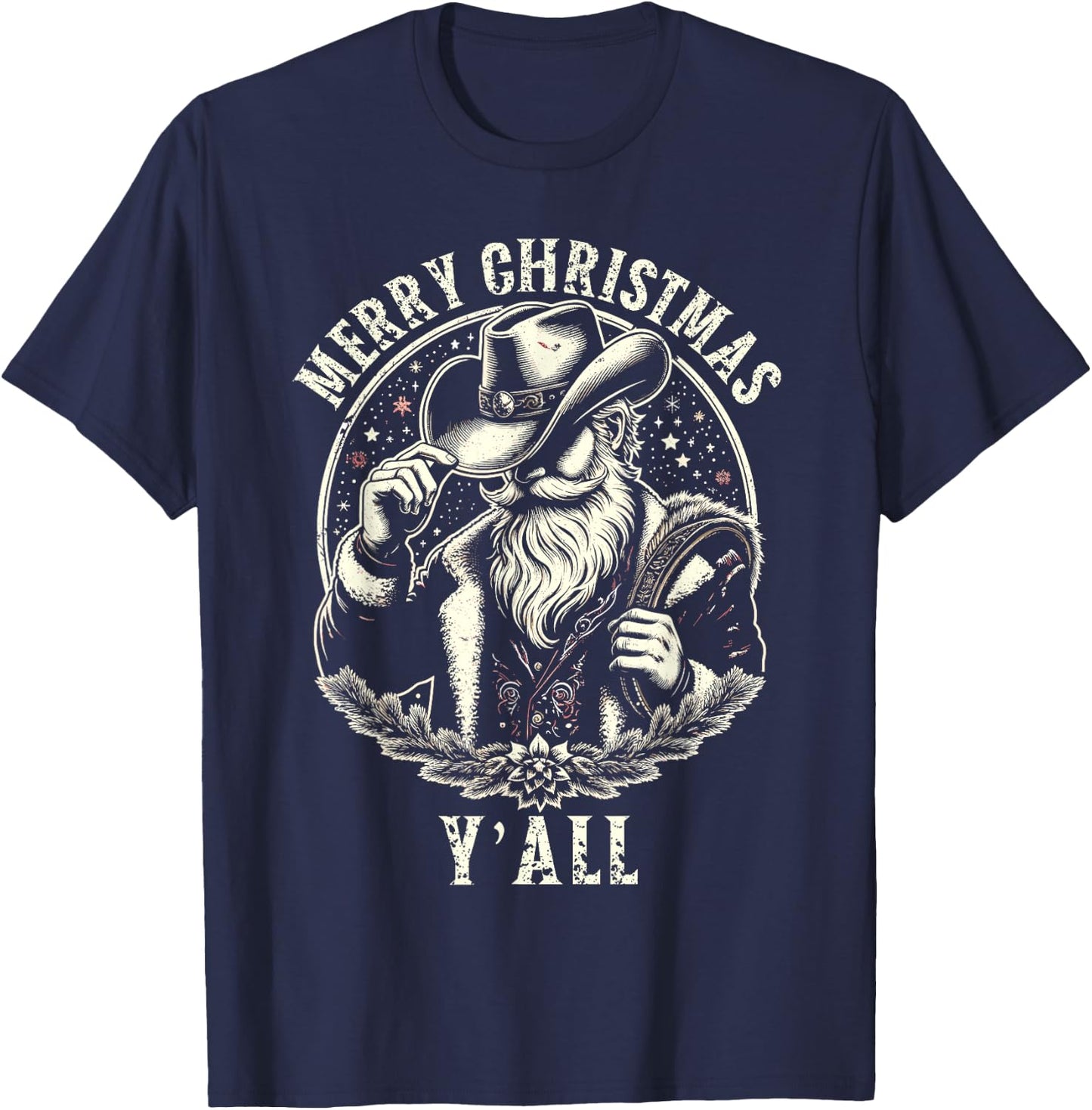 Cowboy Santa Claus Merry Christmas Y'all Western Country T-Shirt - T-Shirt | Navy