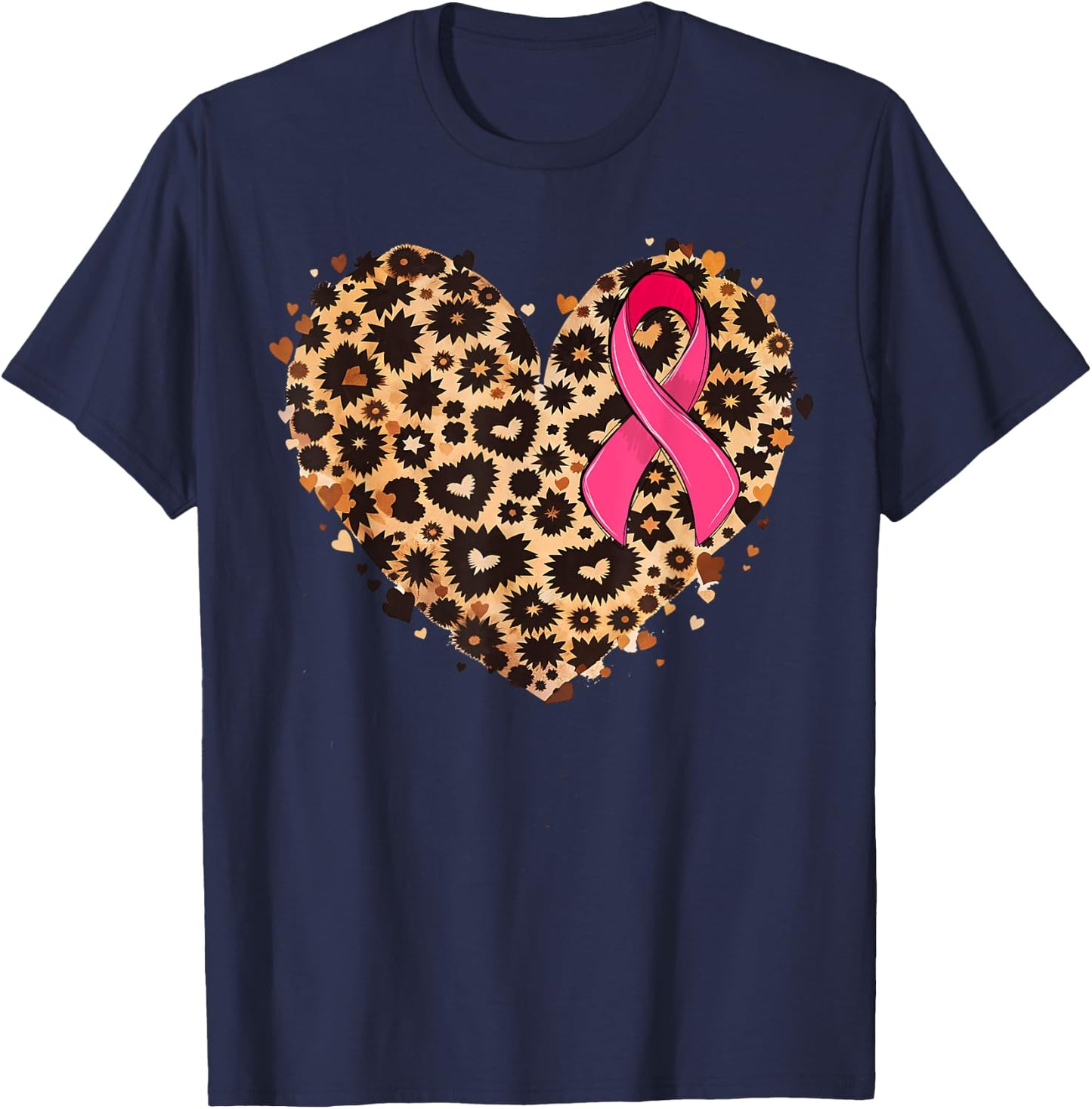 Breast cancer Pink ribbon Cheetah Leopard Heart Print T-Shirt - T-Shirt | Navy