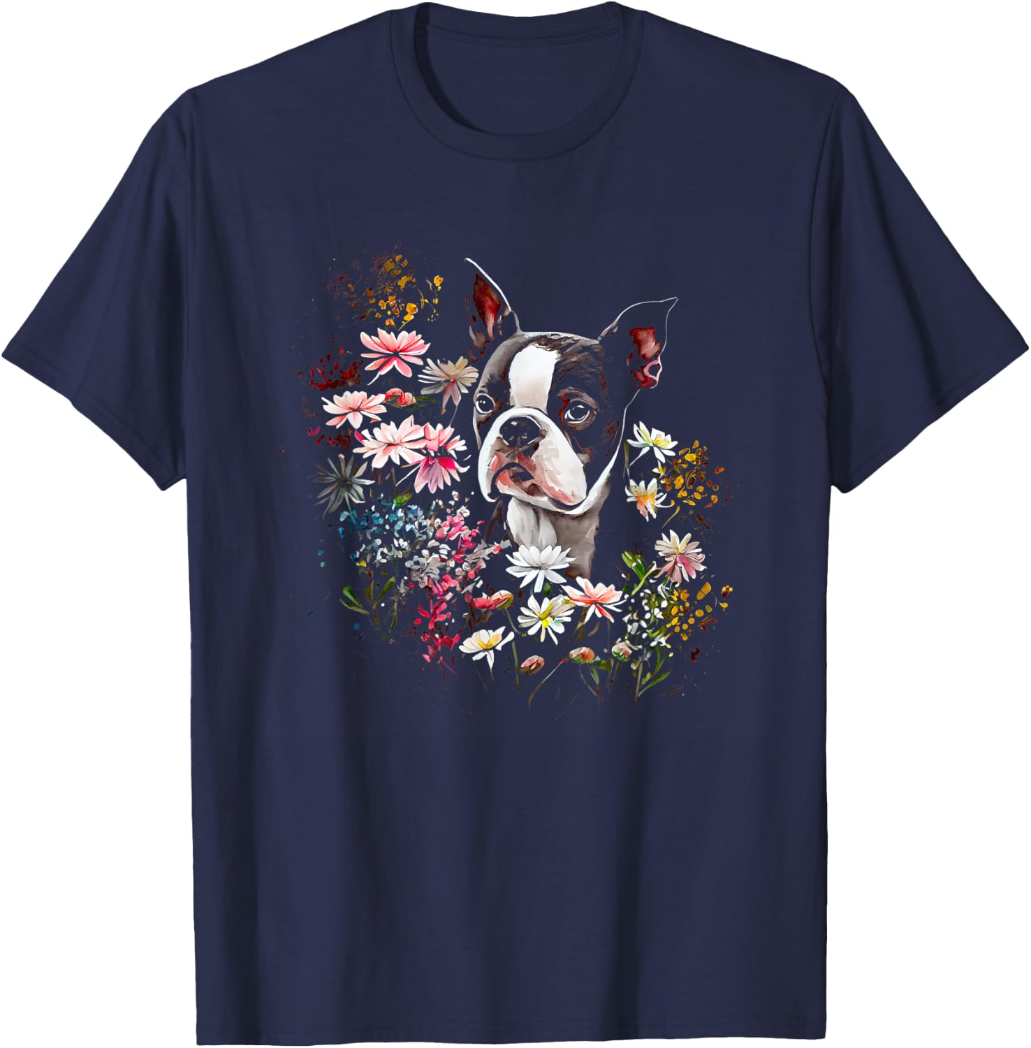 Watercolor Boston Terrier with flowers - Bostie T-Shirt - T-Shirt | Navy