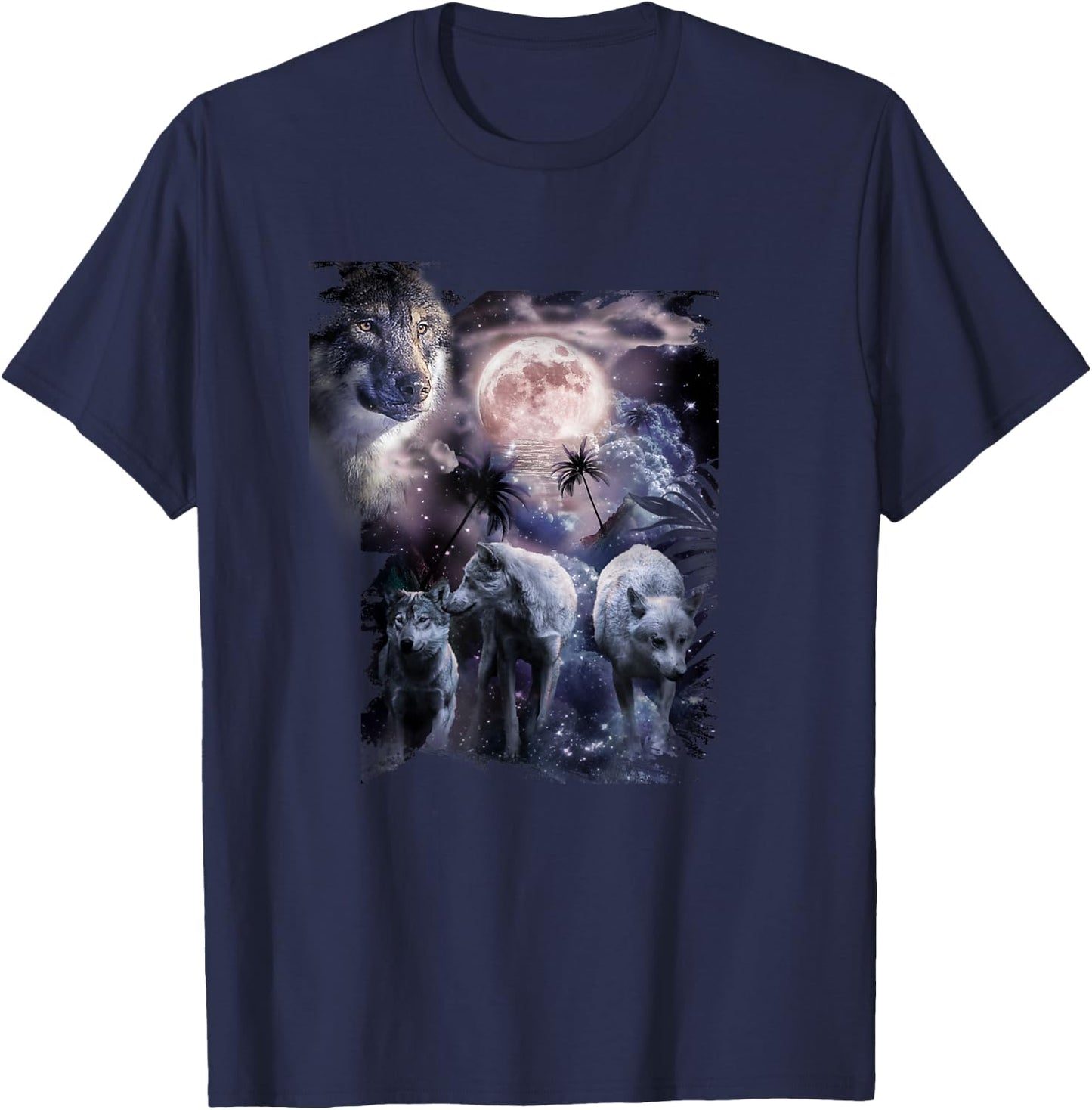 Tropical Wolves, Wolf Howling At Moon, Moonrise T-Shirt - T-Shirt | Navy
