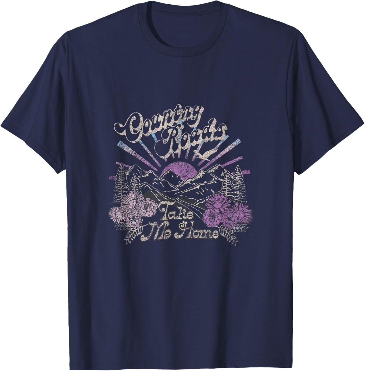 Country Roads Take Me Home Floral Mountain Scene T-Shirt - T-Shirt | Navy