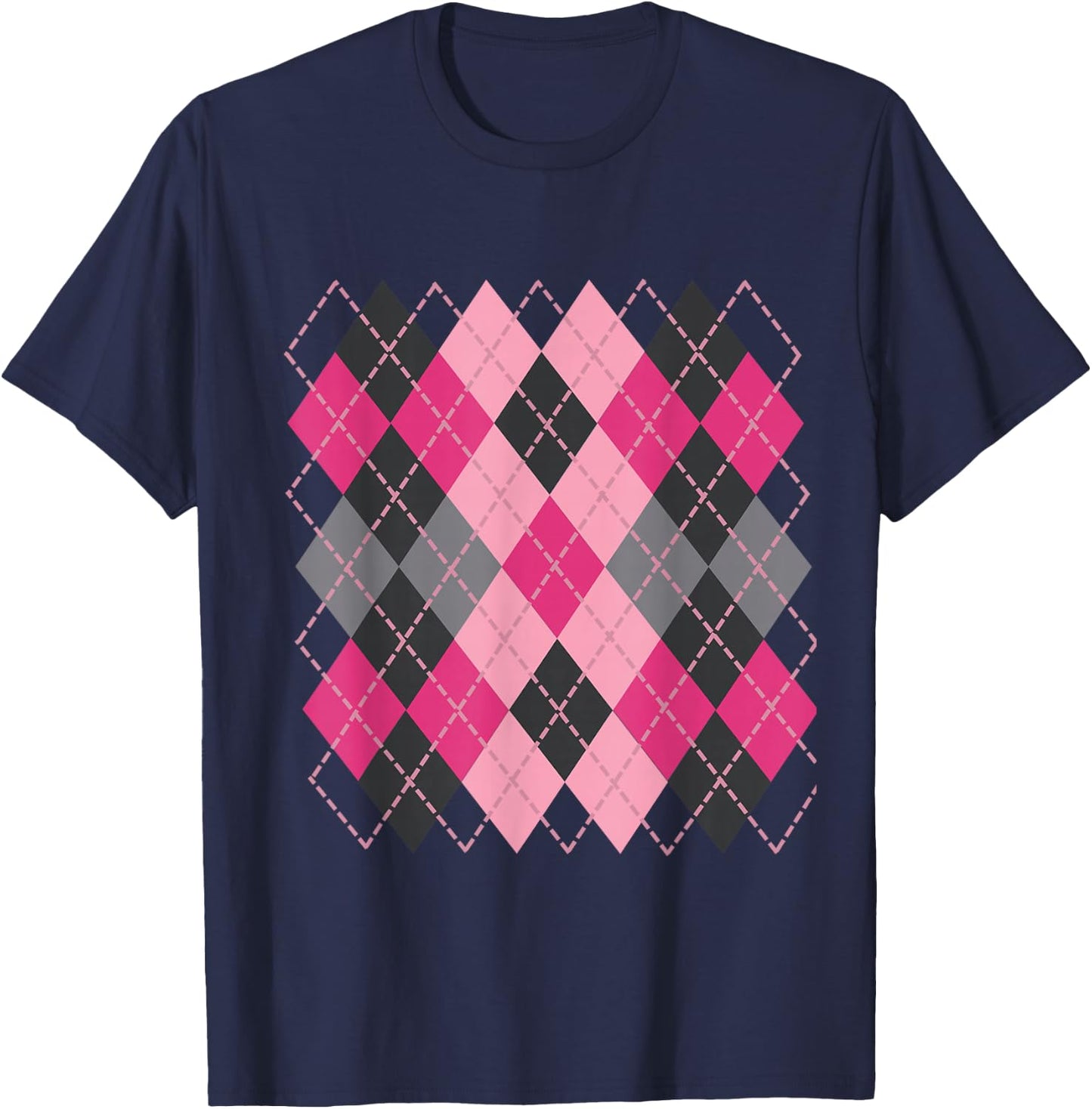 Retro Argyle Plaid Pattern Design in shades of pink & grey T-Shirt - T-Shirt | Navy