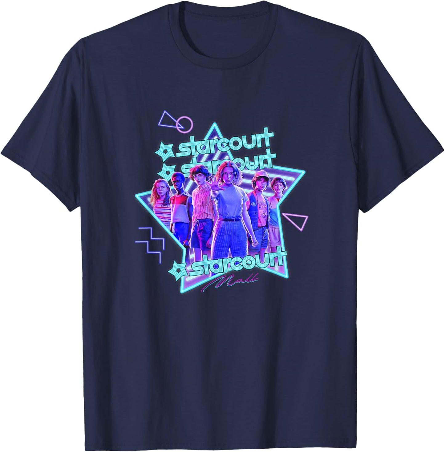 Stranger Things Starcourt Mall Vintage Neon Group Portrait T-Shirt - T-Shirt | Navy