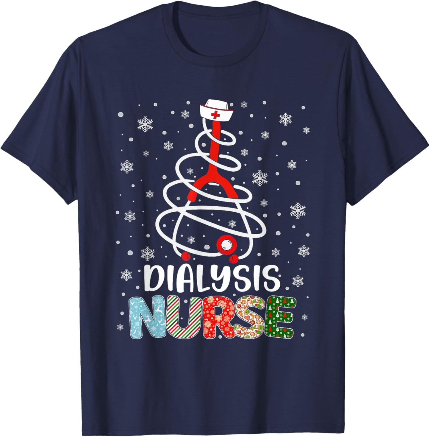 Cute Dialysis Nurse Xmas Tree Merry Christmas Nurse Nursing T-Shirt - T-Shirt | Navy