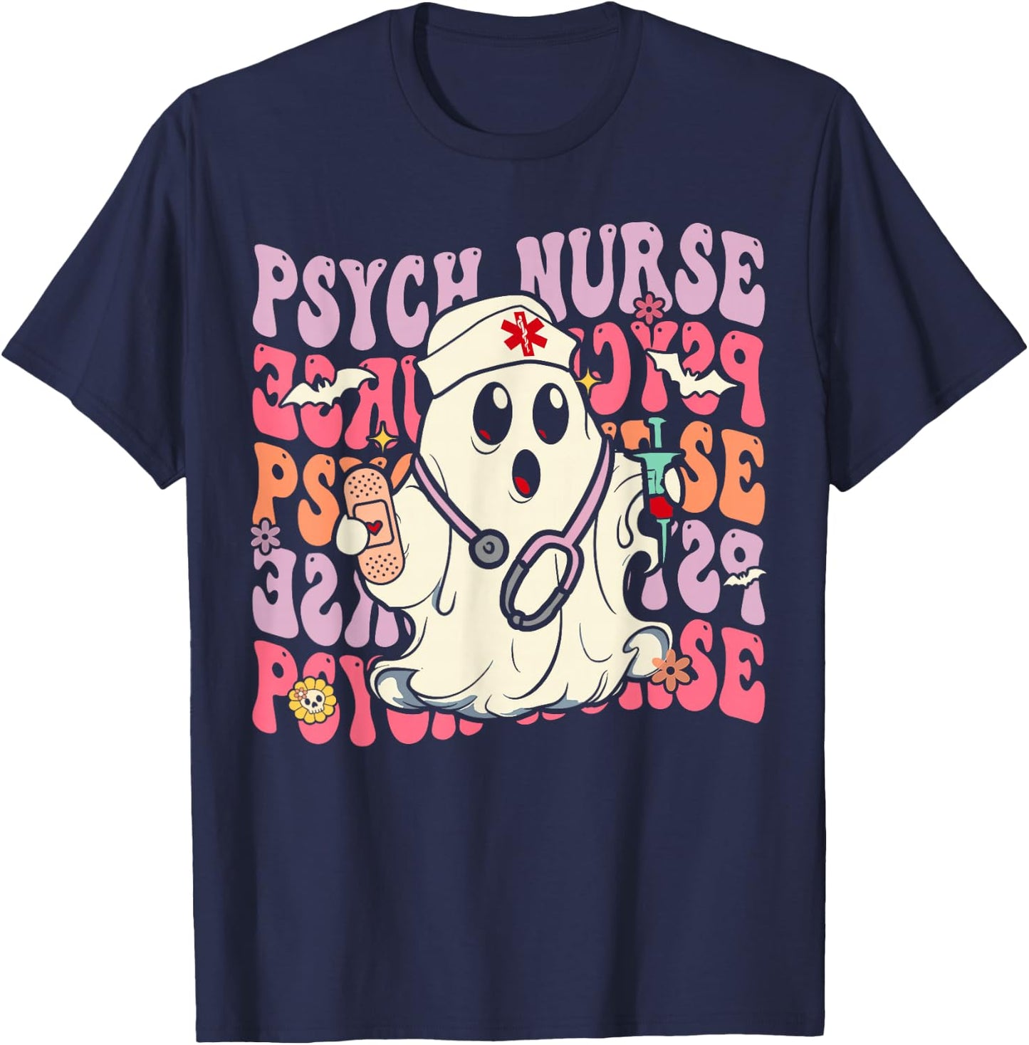 Retro Psych Nurse Groovy Halloween Psychiatric Nurse T-Shirt - T-Shirt | Navy