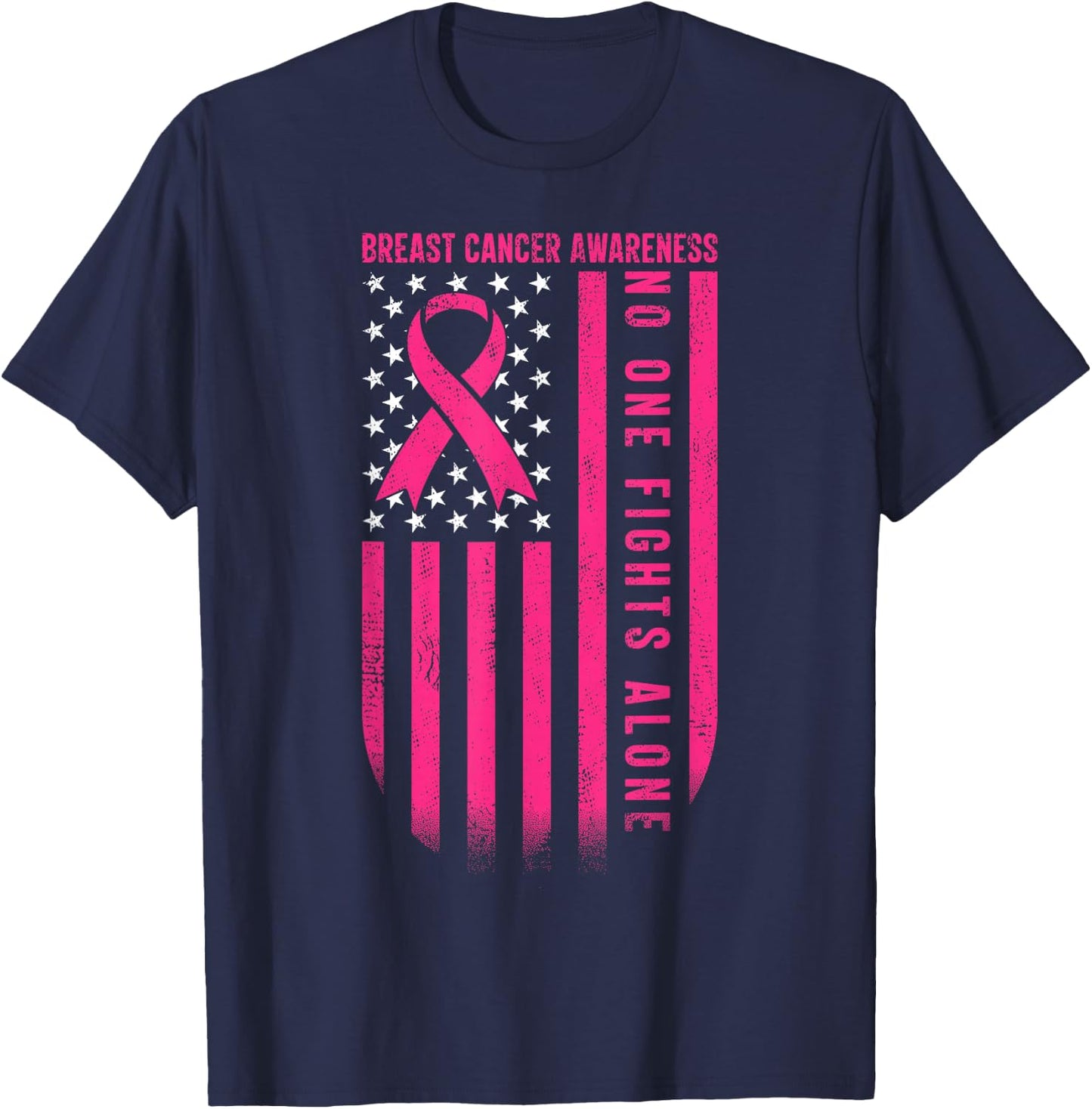 No One Fights Breast Cancer Alone American Flag Pink Ribbon T-Shirt - T-Shirt | Navy