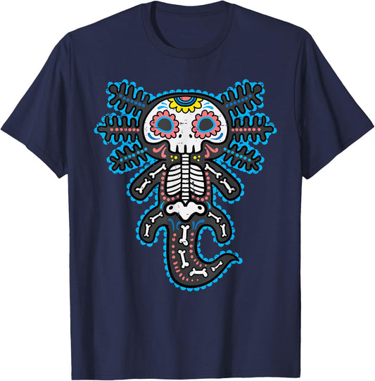 Sugar Skull Axolotl Skeleton Halloween Dia De Los Muertos T-Shirt - T-Shirt | Navy