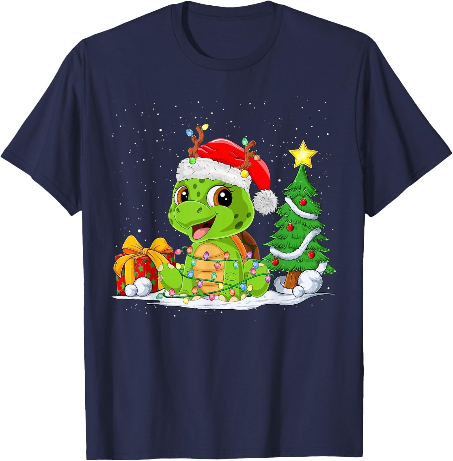 Cute Turtle Santa Christmas Tree Lights Xmas Pajama Turtle T-Shirt - T-Shirt | Navy
