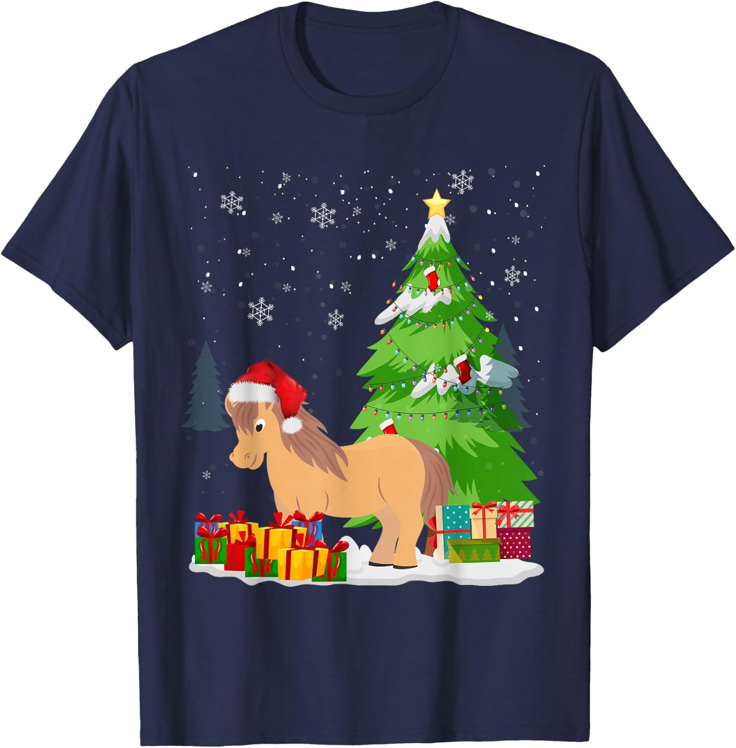 Funny Christmas Miniature Horse Santa Hat Matching Family T-Shirt - T-Shirt | Navy