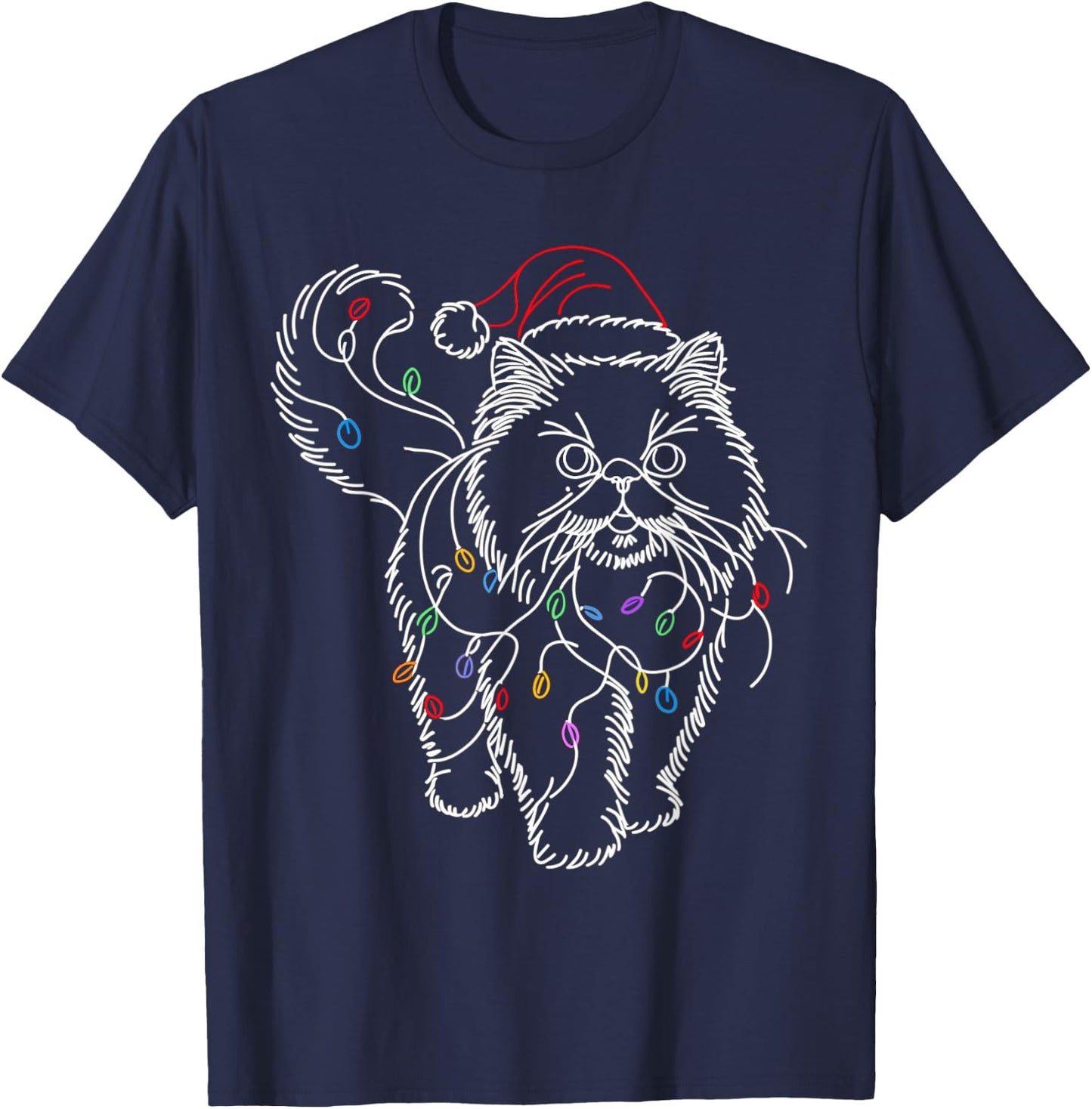 Persian Cat Santa Christmas Tree Lights Ugly Pajamas Mom Dad Women Kids T-Shirt - T-Shirt | Navy