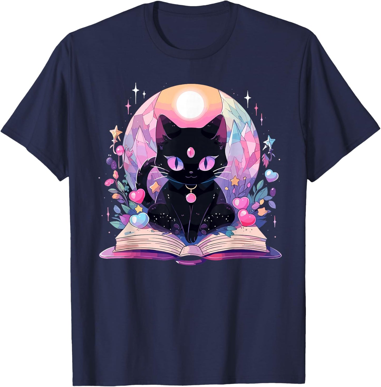 Book Lover Crystal Witchy Cute Black Cat Kawaii Pastel Goth T-Shirt - T-Shirt | Navy