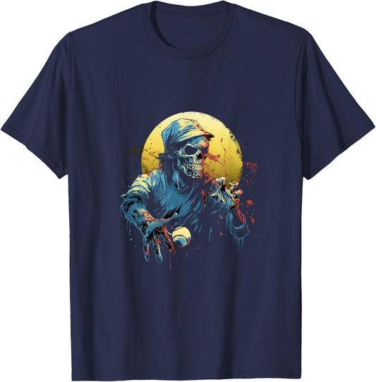 Zombie Playing Baseball Halloween Baseball Player T-Shirt - T-Shirt | Navy