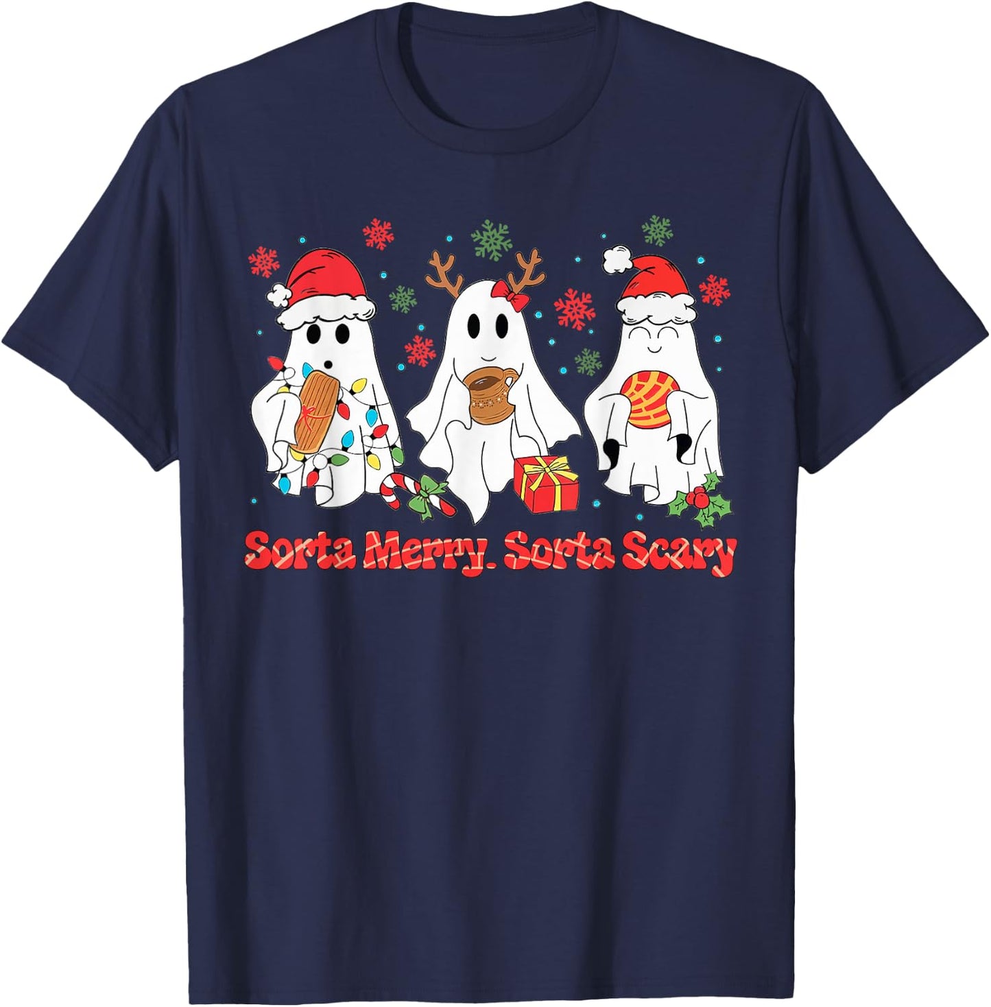 Funny Christmas Sorta Merry Sorta Scary Ghost Xmas Lights PJ T-Shirt - T-Shirt | Navy