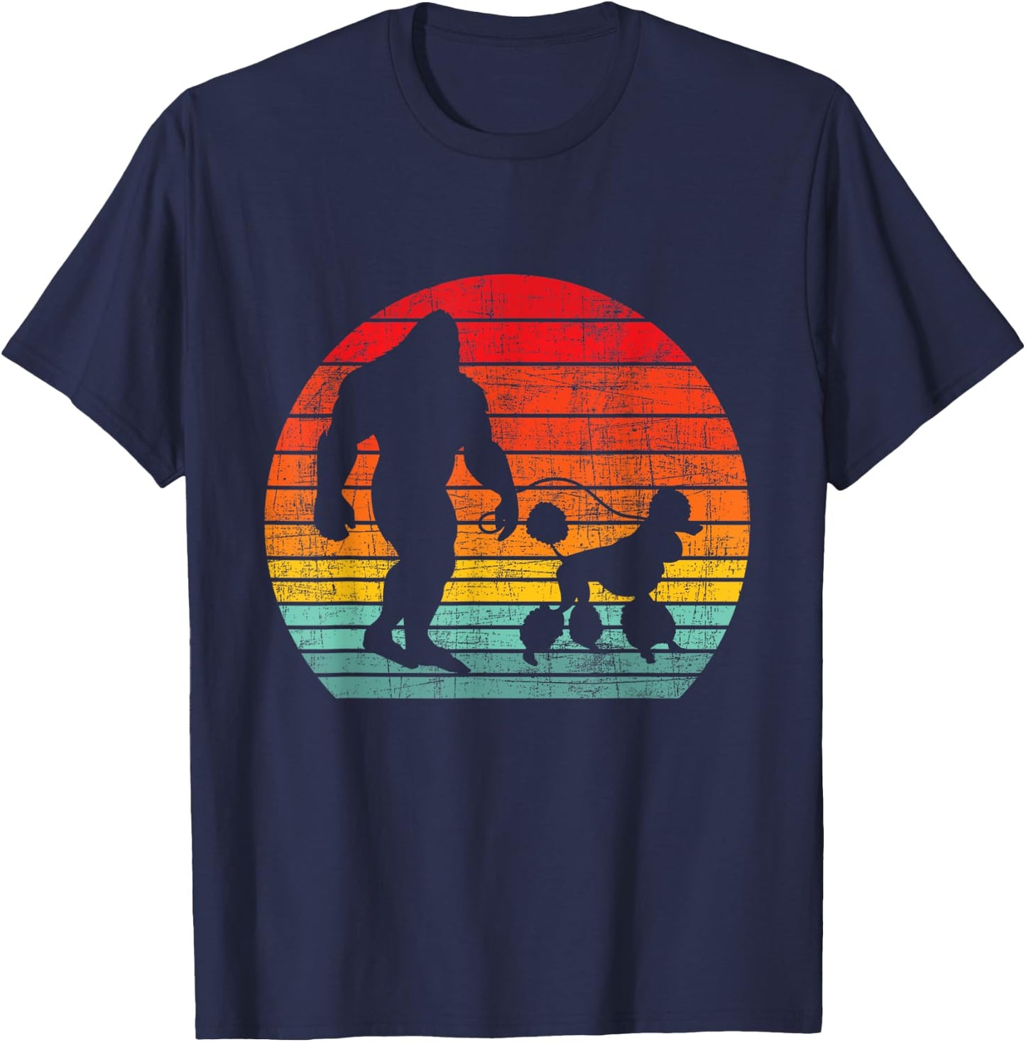 Retro Sunset Bigfoot And Poodle - Puppy Owner Dog Lover T-Shirt - T-Shirt | Navy