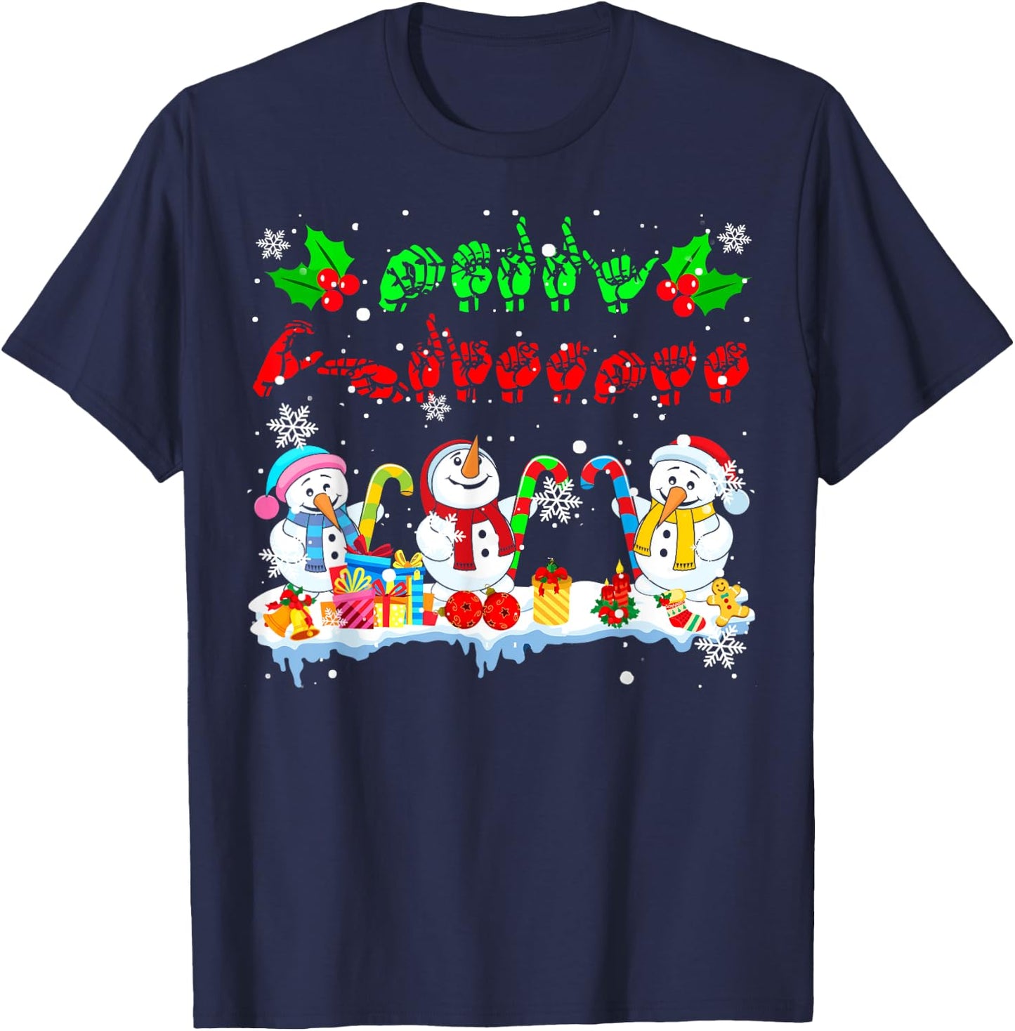 Merry Christmas Cute Three Snowmans ASL Sign Language Family T-Shirt - T-Shirt | Navy
